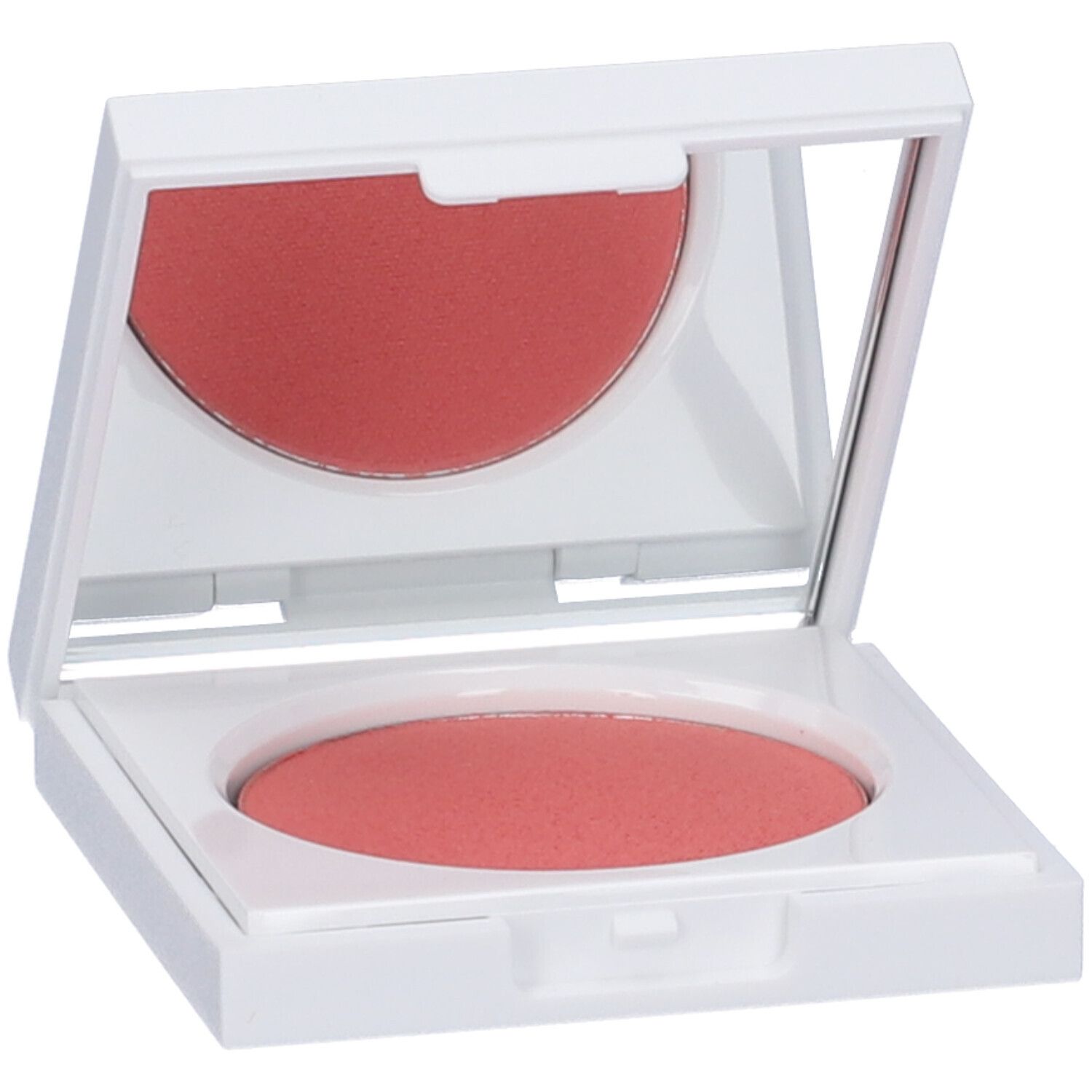 Astuccio cosmetico bianco aperto, con specchio e fard rosa.