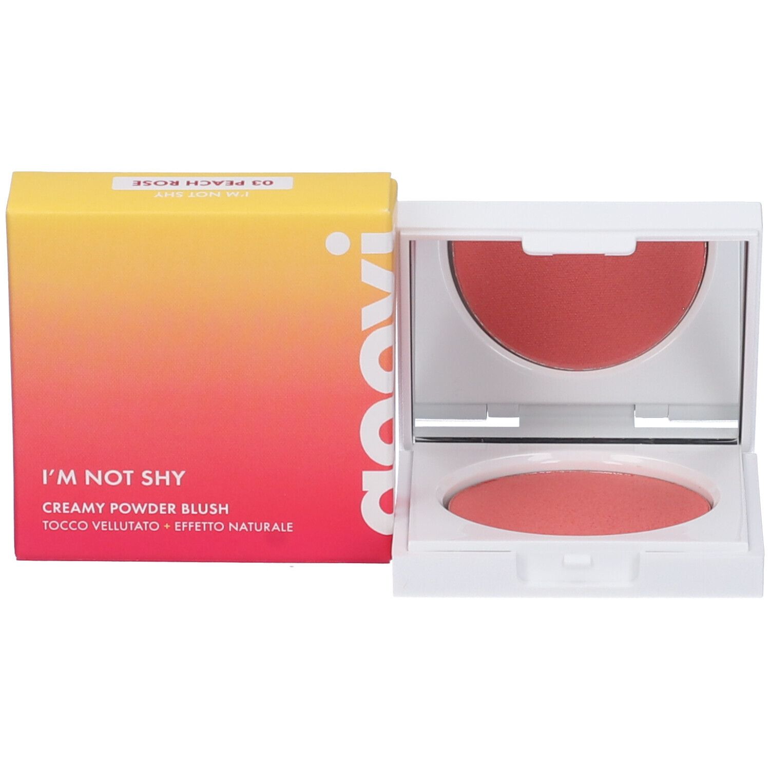 Confezione cosmetica con fard e astuccio bianco aperto accanto. Scritta 'goovi'.