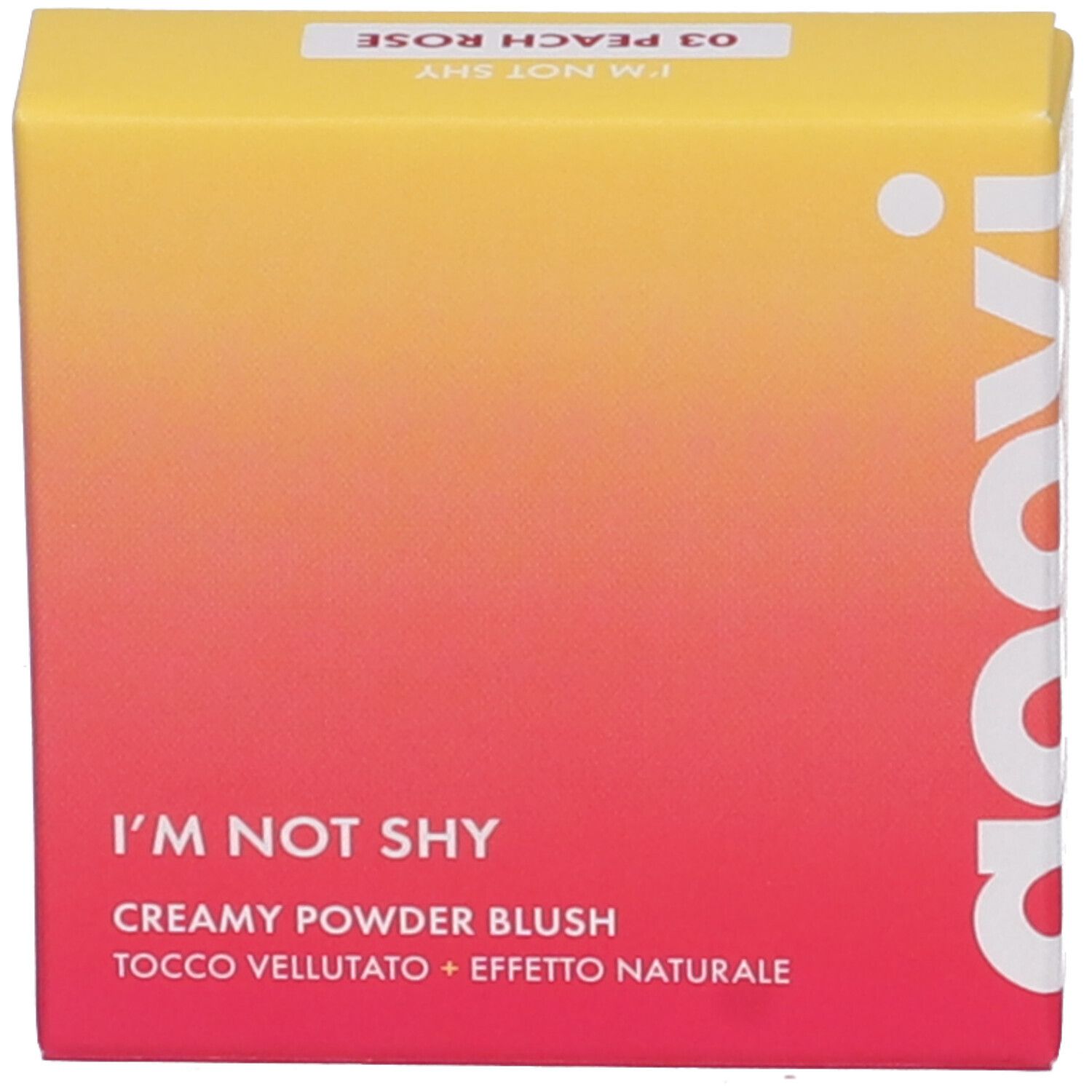 Confezione cosmetica con scritta 'I'M NOT SHY' e 'goovi'. Sfumatura giallo-rossa.