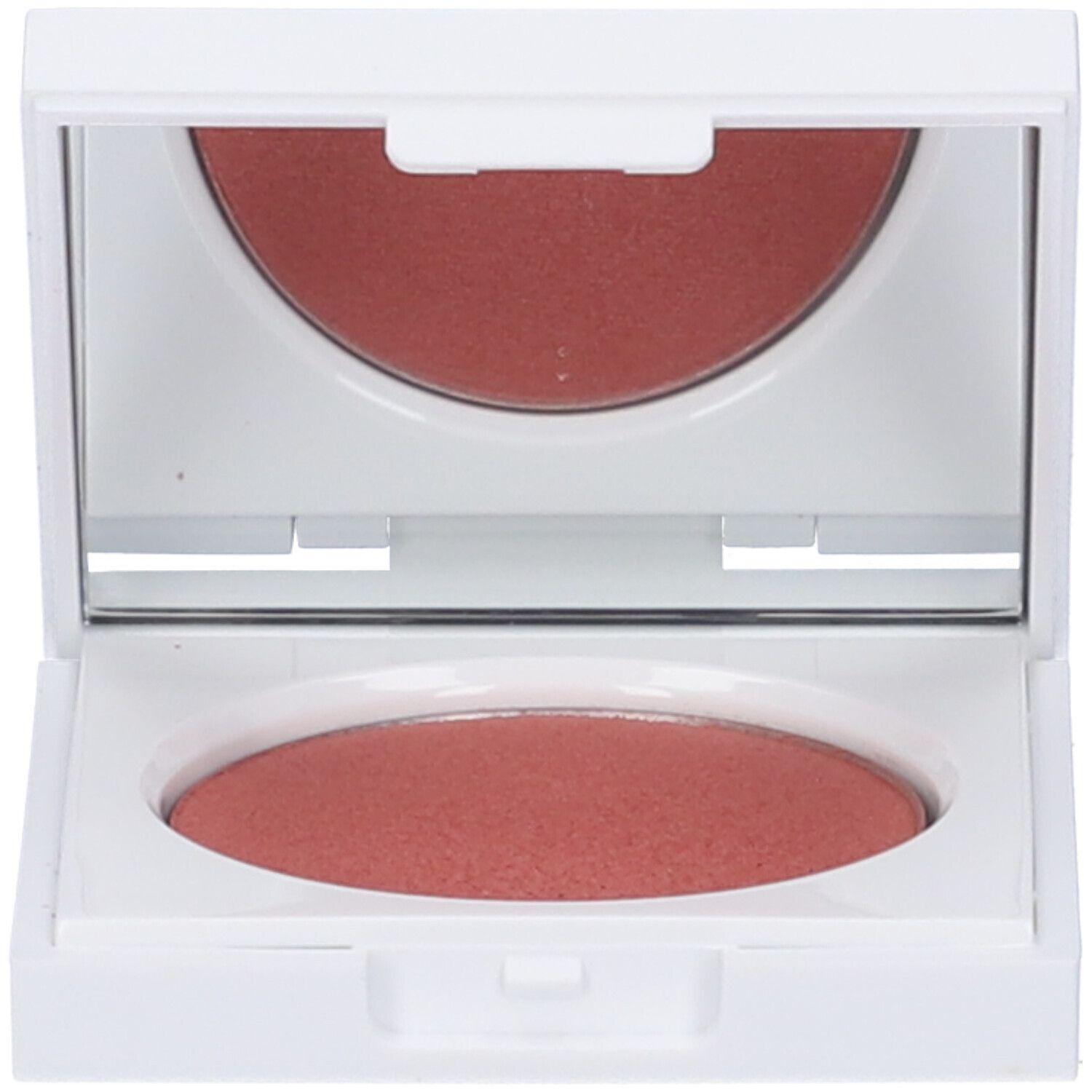 Blush in confezione compatta bianca con specchio. Il blush è rosa.