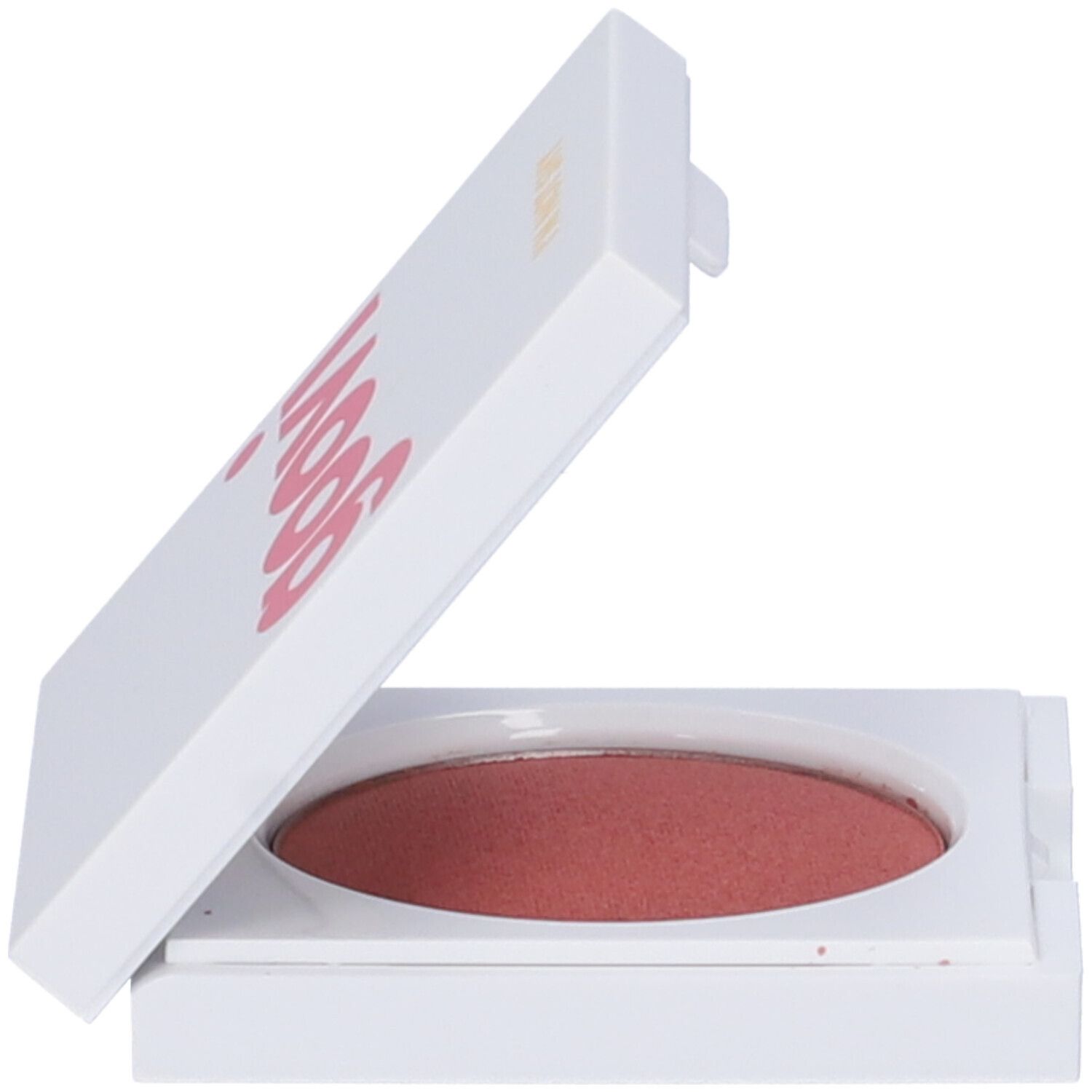 Blush compatto bianco con coperchio aperto. Il blush è rosa.