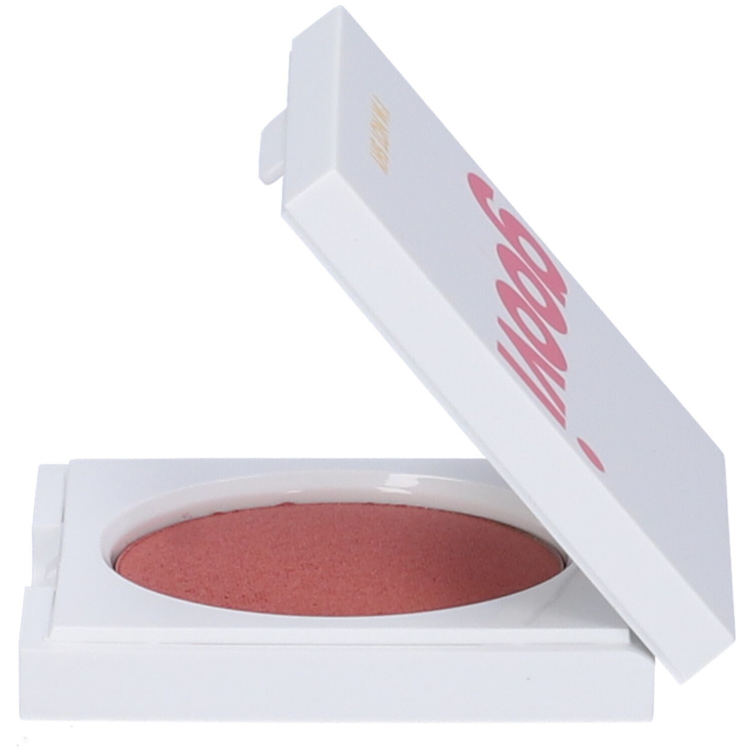 Blush compatto bianco con coperchio aperto. Il blush è rosa.
