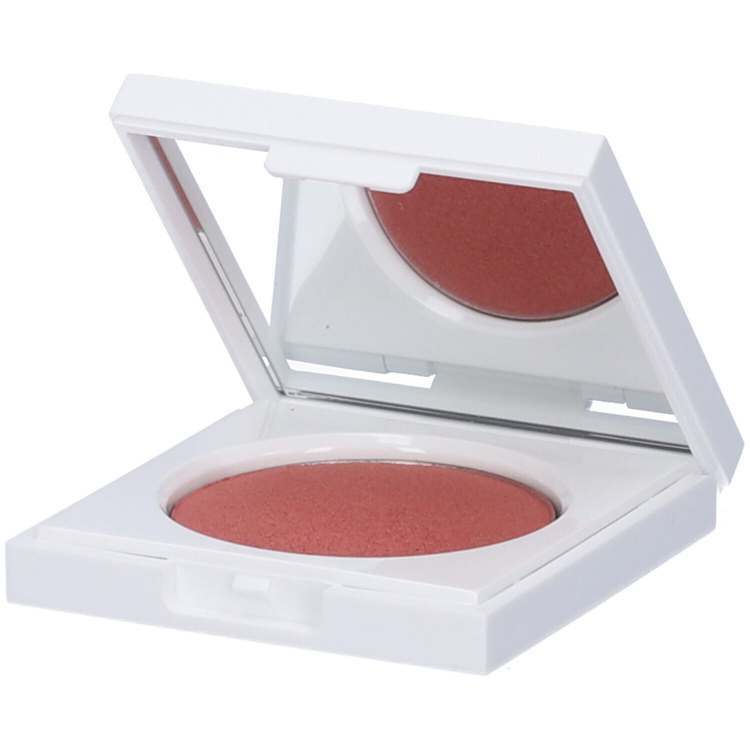 Blush compatto bianco con specchio. Il blush è rosa.