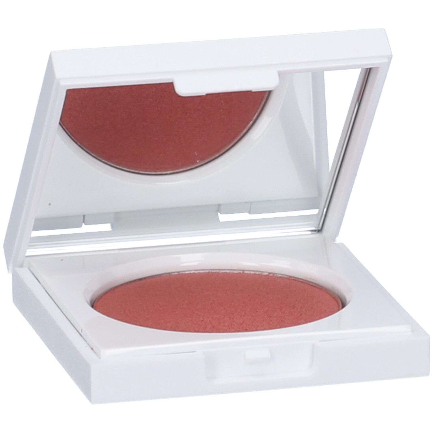 Blush compatto bianco con specchio. Il blush è rosa.