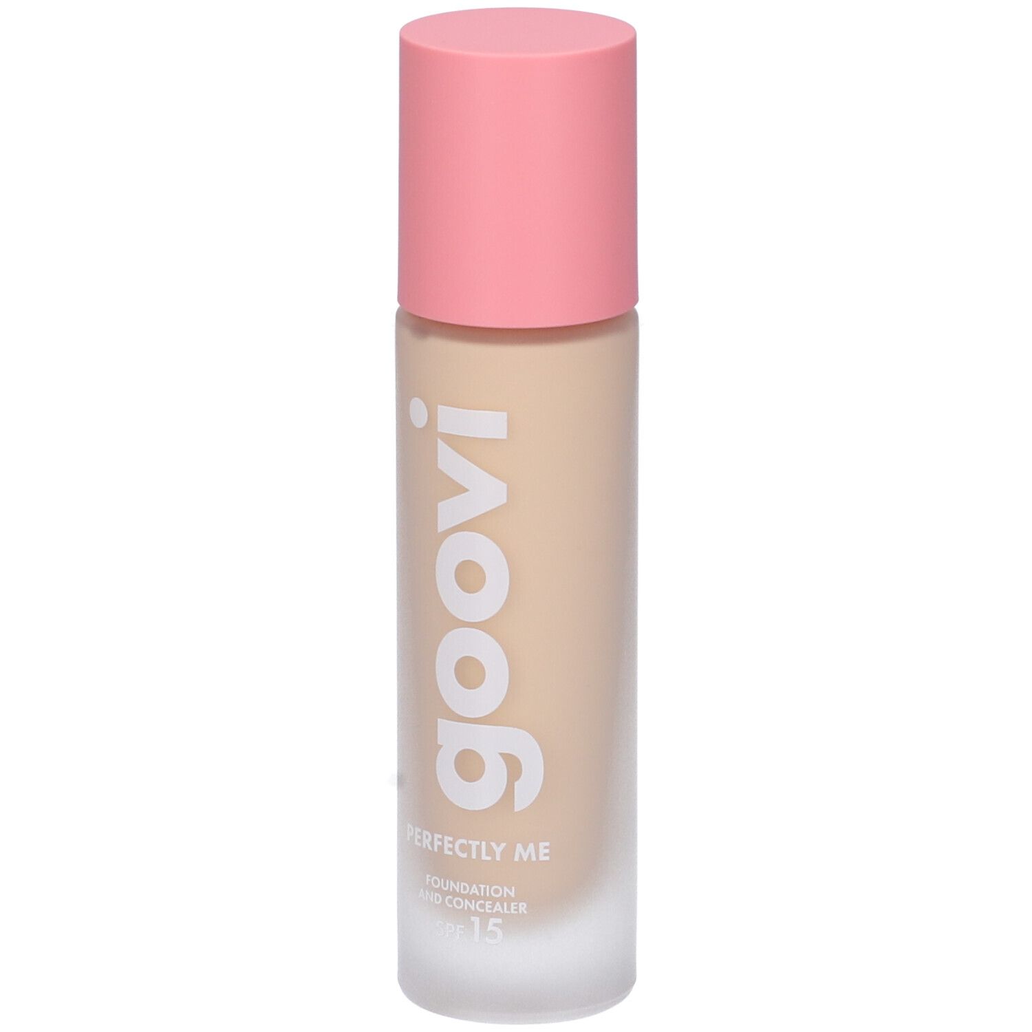 Flacone di fondotinta e correttore Goovi Perfectly Me. Tappo rosa, flacone trasparente. Scritta 'goovi'. SPF 15.