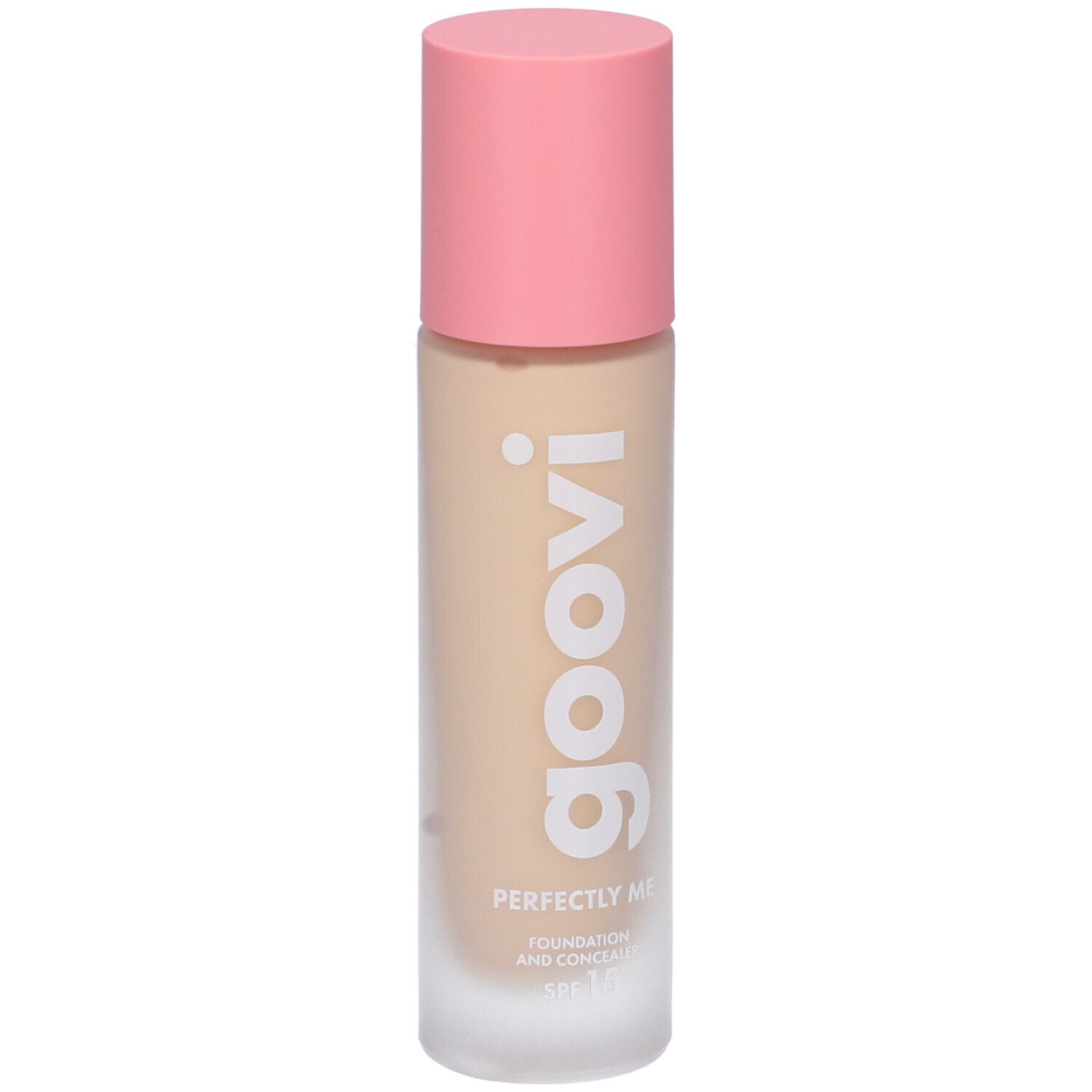 Flacone di fondotinta e correttore Goovi Perfectly Me. Tappo rosa, flacone trasparente. Scritta 'goovi'. SPF 15.