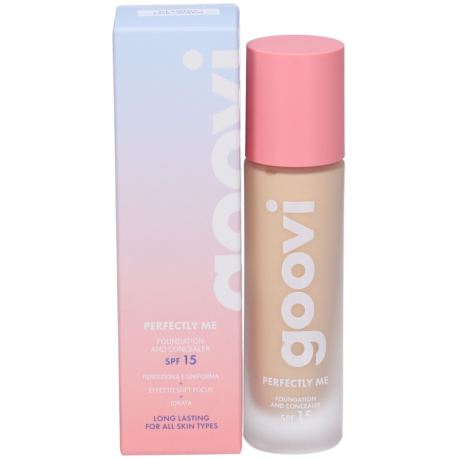 Flacone di fondotinta e correttore Goovi Perfectly Me con confezione. Tappo rosa, flacone trasparente. Scritta 'goovi'.