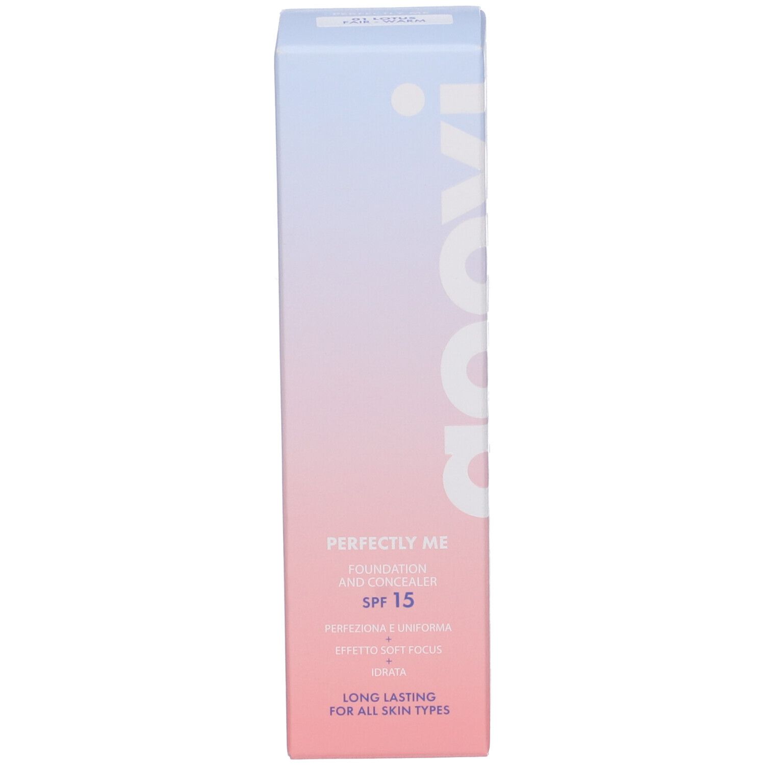 Confezione del fondotinta e correttore Goovi Perfectly Me. Tonalità rosa e blu. Scritta 'goovi'.
