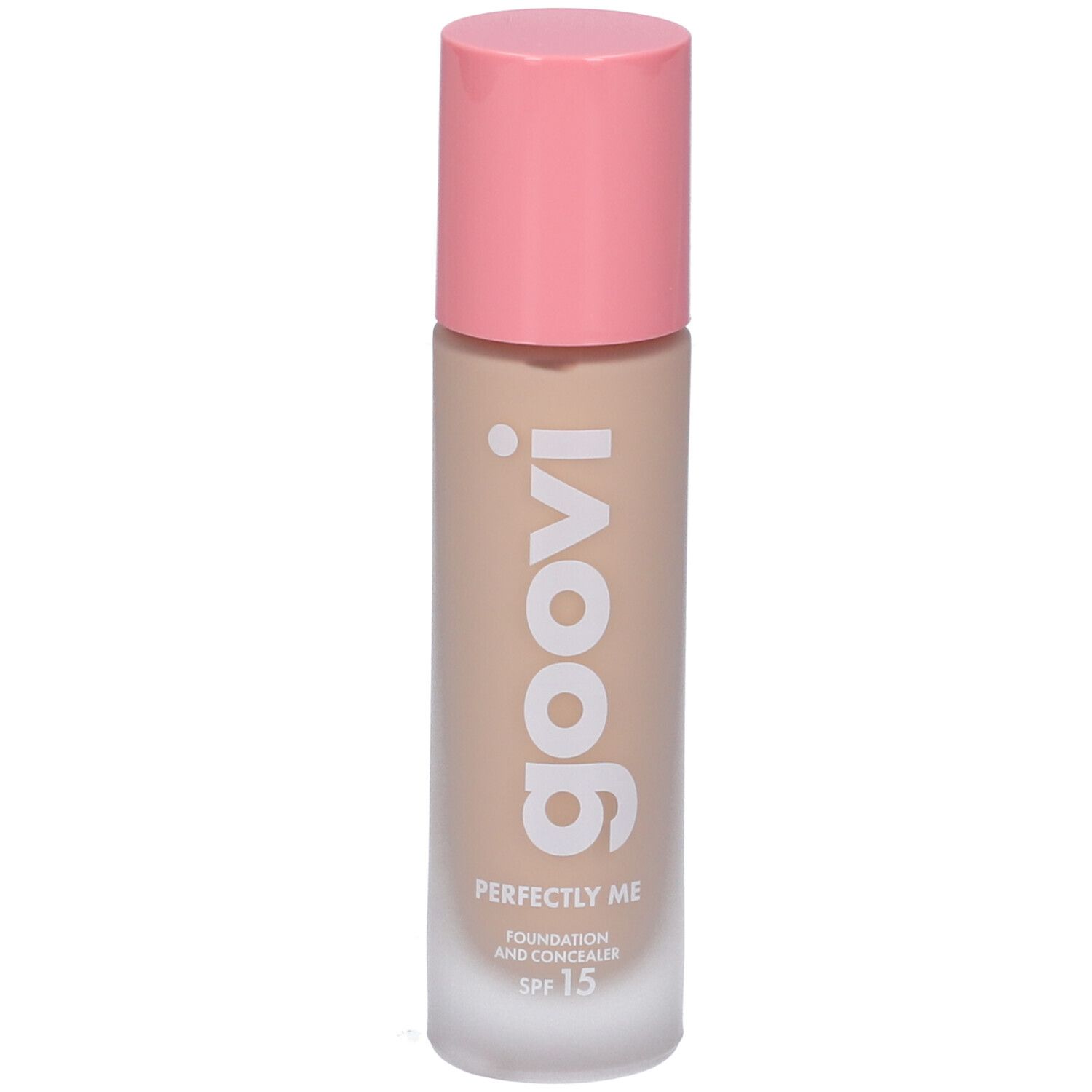 Flacone beige di fondotinta e correttore con tappo rosa. Logo Goovi e SPF 15 visibili.
