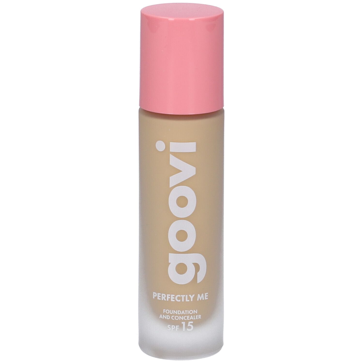 Fondotinta e correttore Goovi Perfectly Me, tonalità 03 Sand, tappo rosa. Scritta: goovi, Perfectly Me, SPF 15.