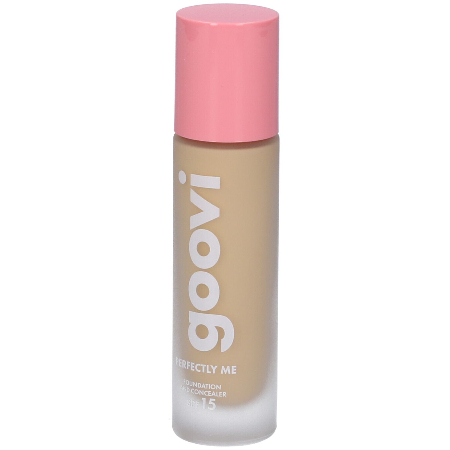 Fondotinta e correttore Goovi Perfectly Me, tonalità 03 Sand, tappo rosa. Scritta: goovi, Perfectly Me, SPF 15.