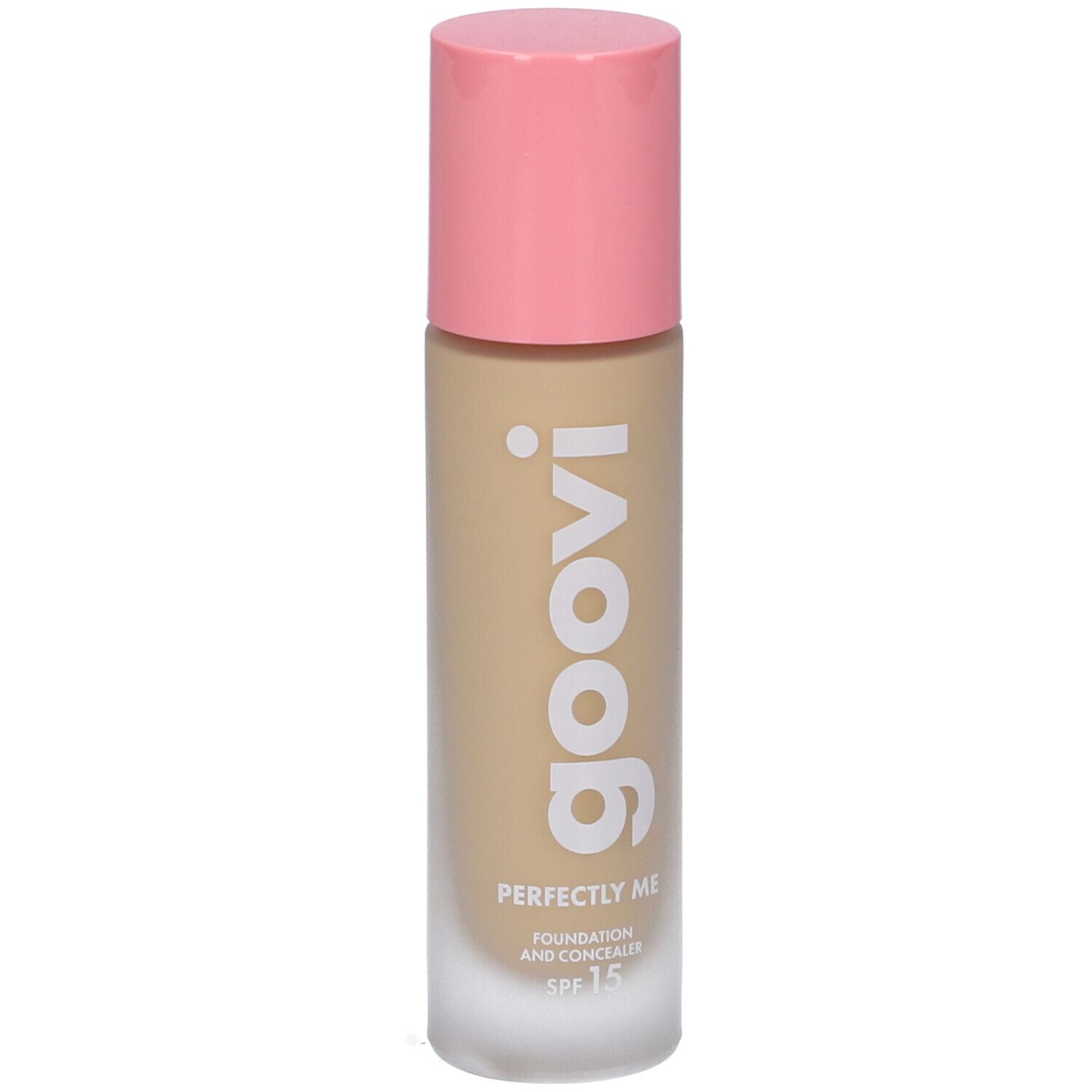 Fondotinta e correttore Goovi Perfectly Me, tonalità 03 Sand, tappo rosa. Scritta: goovi, Perfectly Me, SPF 15.