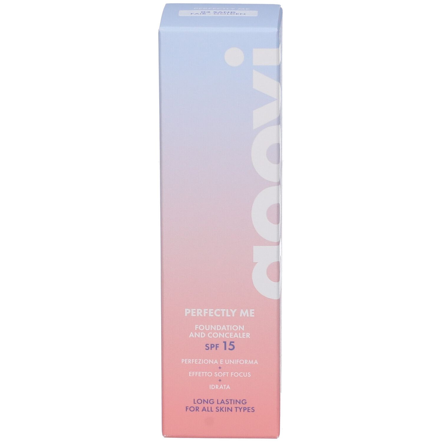 Confezione fondotinta e correttore Goovi Perfectly Me. Scritta: goovi, Perfectly Me, SPF 15, testo.