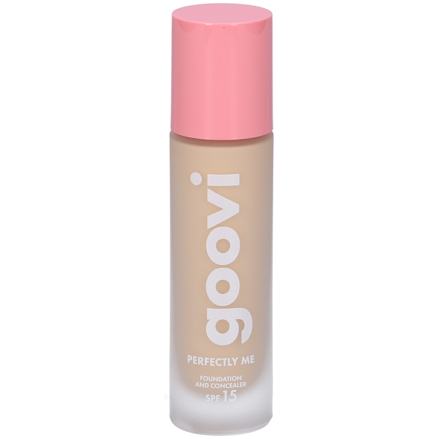 Flacone fondotinta e correttore beige con tappo rosa. Logo Goovi. SPF 15.
