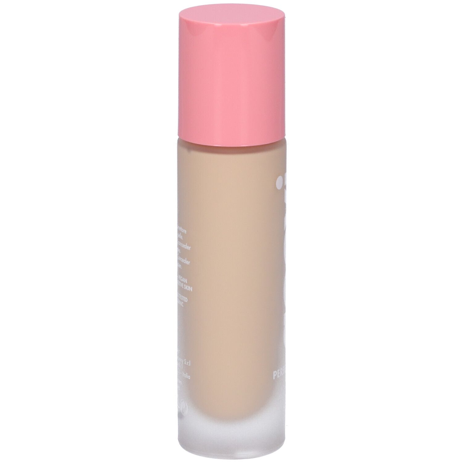 Retro del flacone fondotinta e correttore. Tappo rosa. Contenuto beige. Testo.