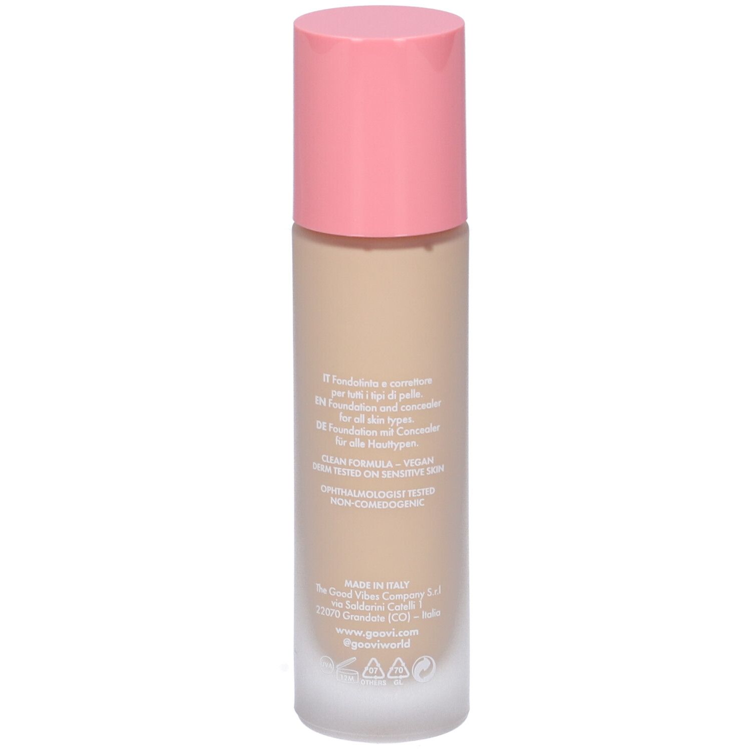 Retro del flacone fondotinta e correttore. Tappo rosa. Contenuto beige. Testo.