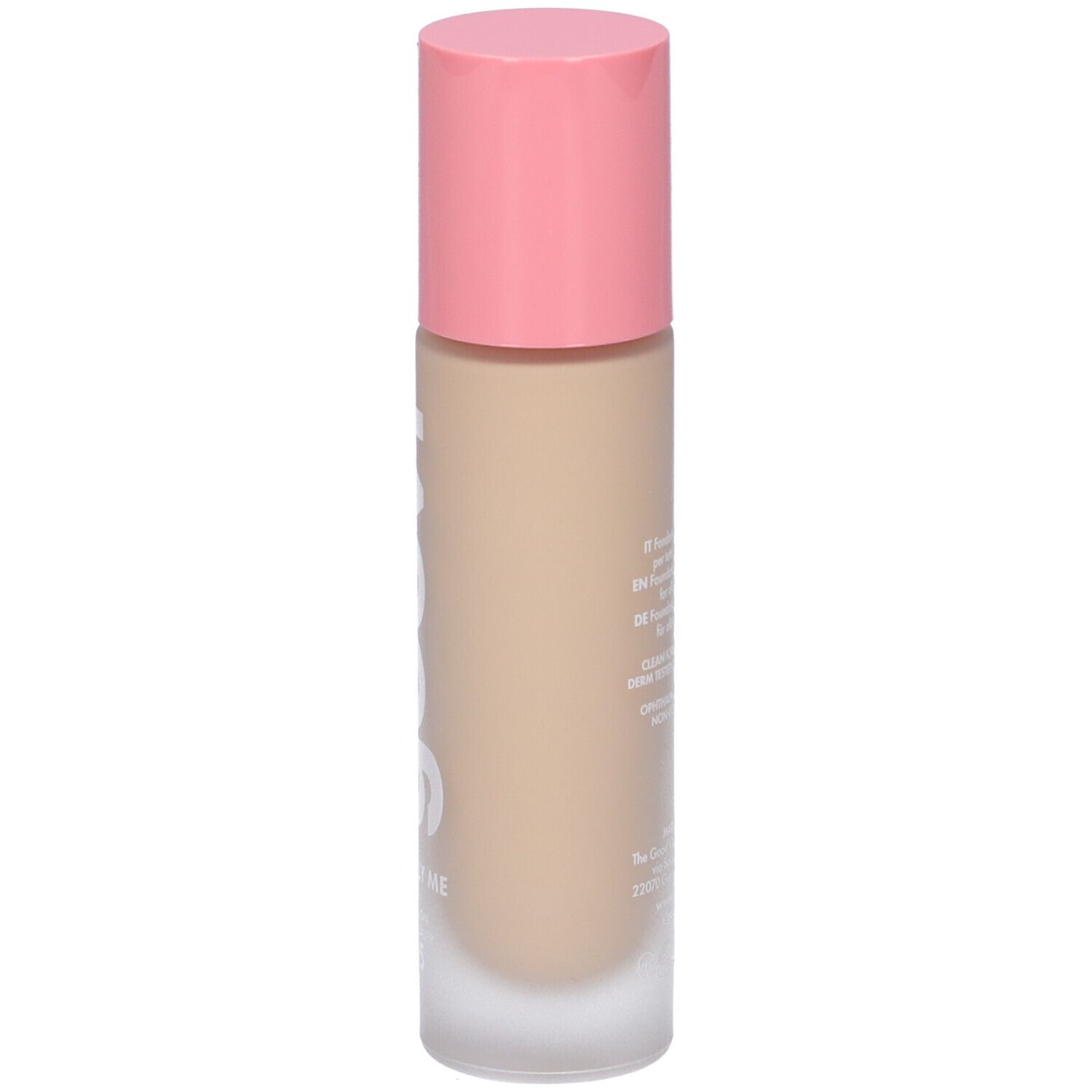 Retro del flacone fondotinta e correttore. Tappo rosa. Contenuto beige. Testo.