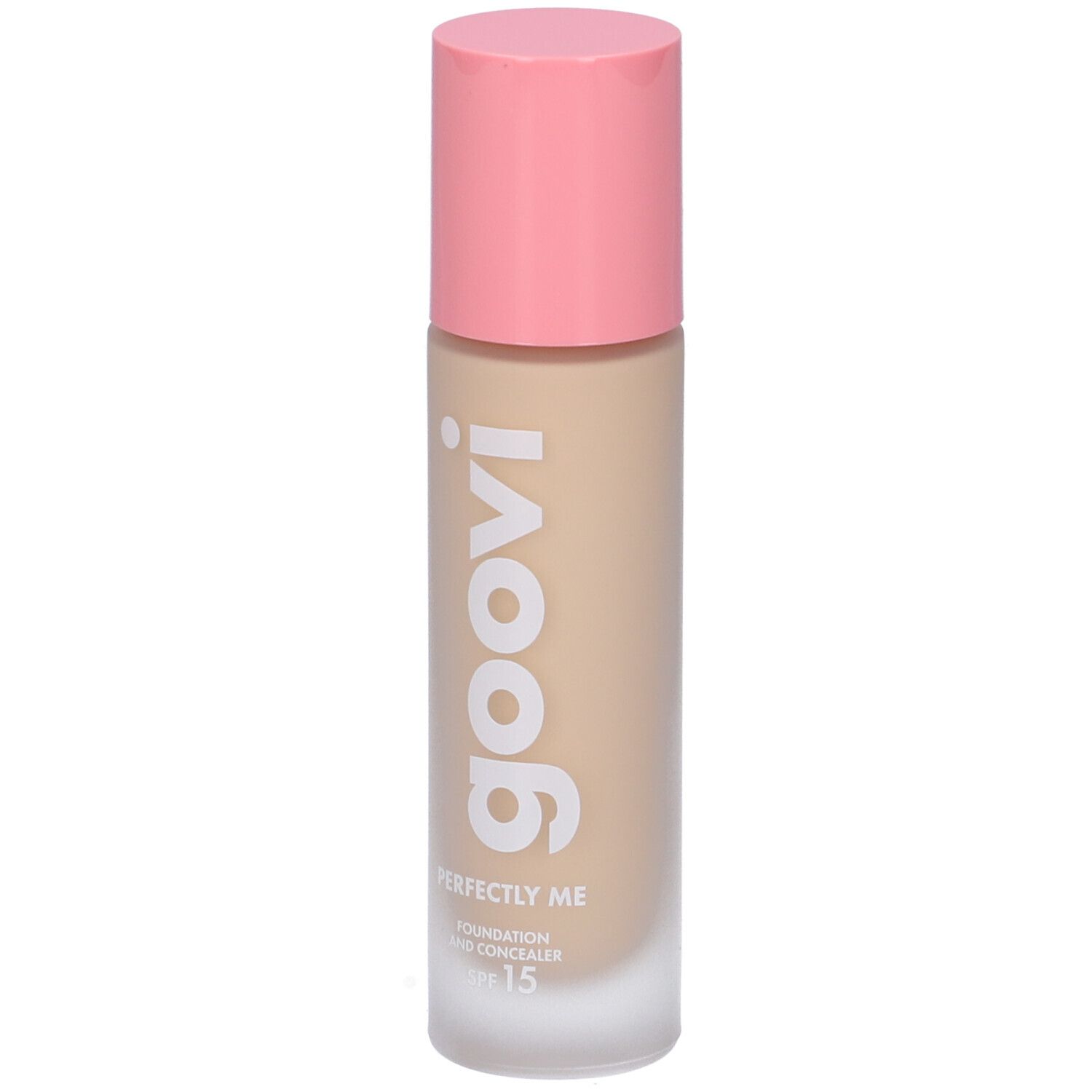 Flacone fondotinta e correttore beige con tappo rosa. Logo Goovi. SPF 15.