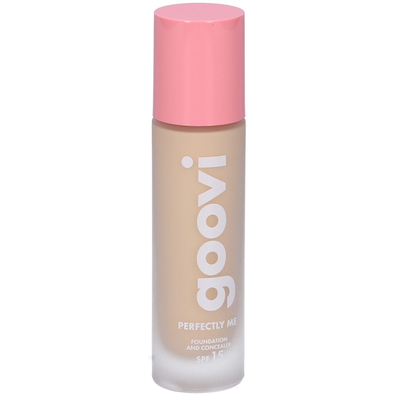 Flacone fondotinta e correttore beige con tappo rosa. Logo Goovi. SPF 15.