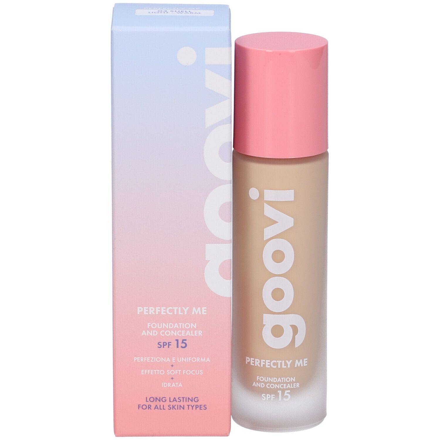 Flacone fondotinta e correttore con confezione. Tappo rosa. Logo Goovi. SPF 15.