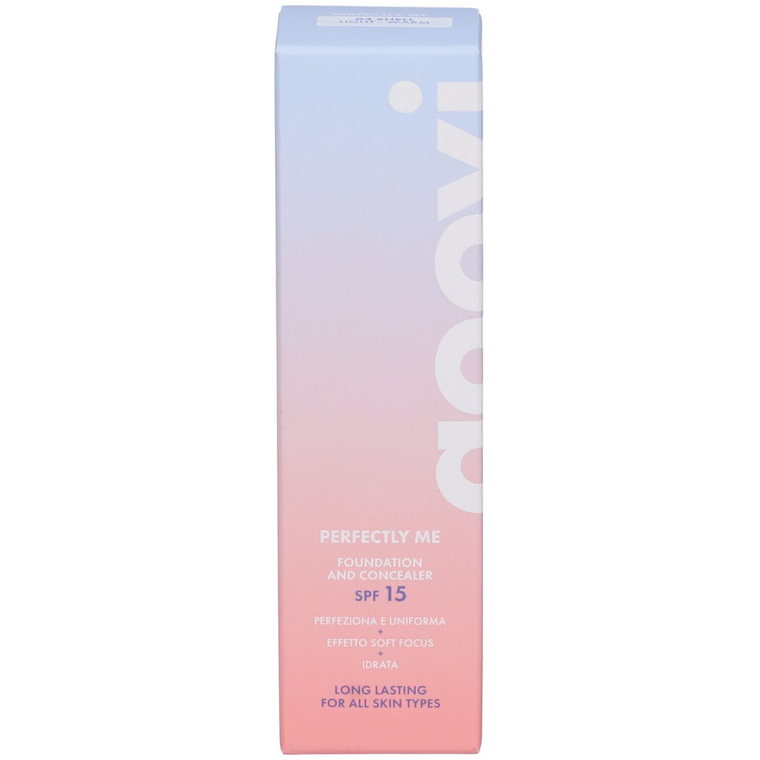 Confezione fondotinta e correttore. Rosa e blu. Logo Goovi. Nome e dettagli prodotto.
