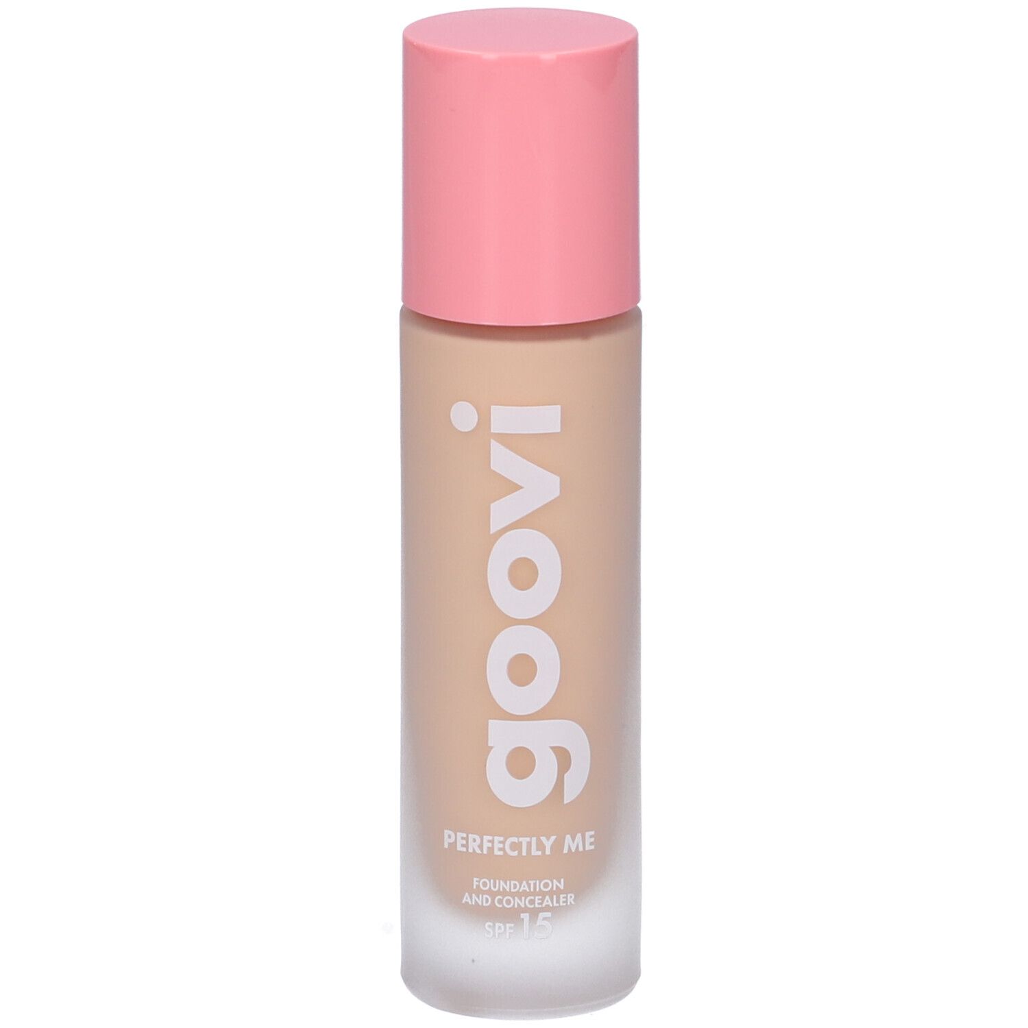 Fondotinta e correttore Goovi, tonalità 05 Vanilla, tappo rosa. Scritta: Goovi, Perfectly Me, SPF 15.