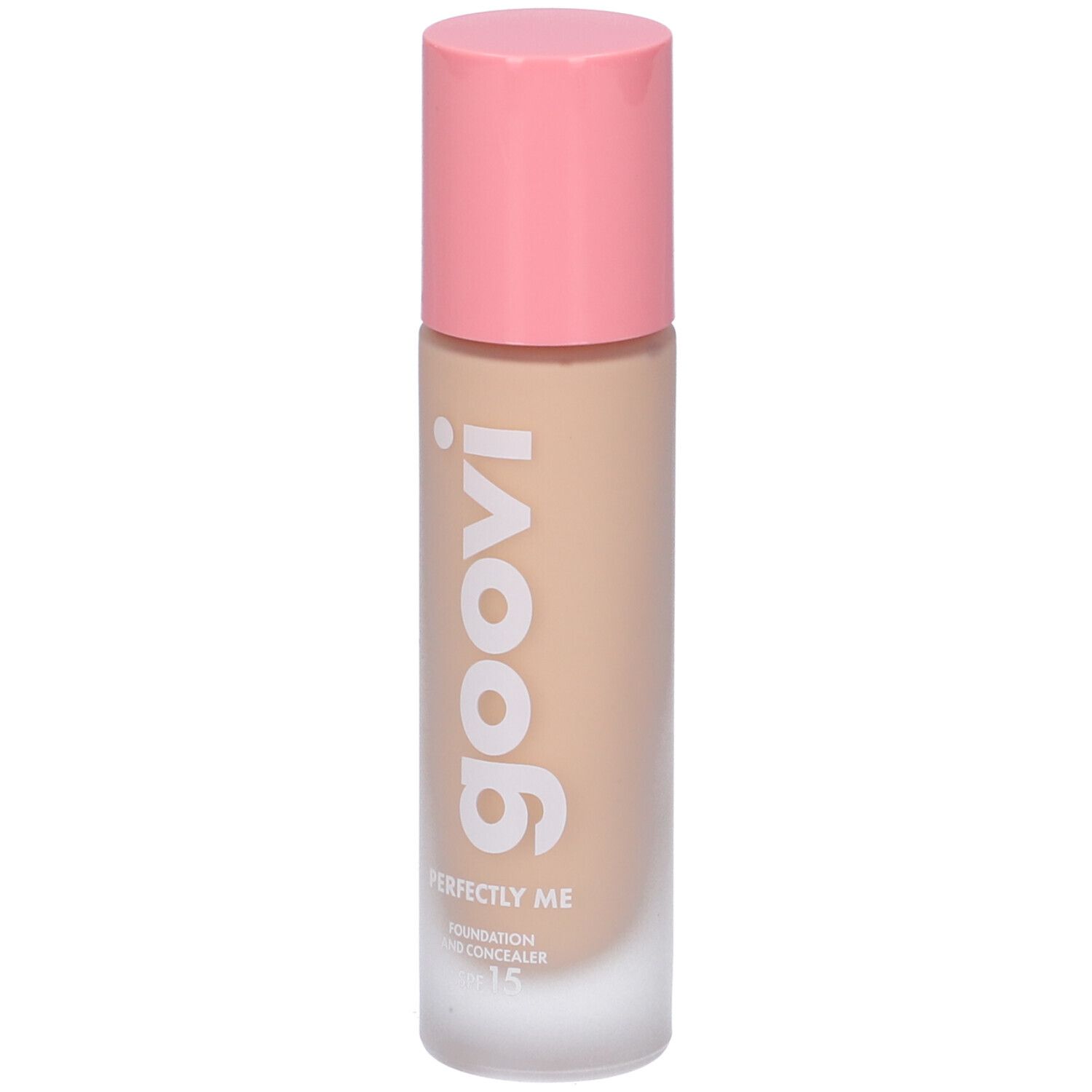 Fondotinta e correttore Goovi, tonalità 05 Vanilla, tappo rosa. Scritta: Goovi, Perfectly Me, SPF 15.