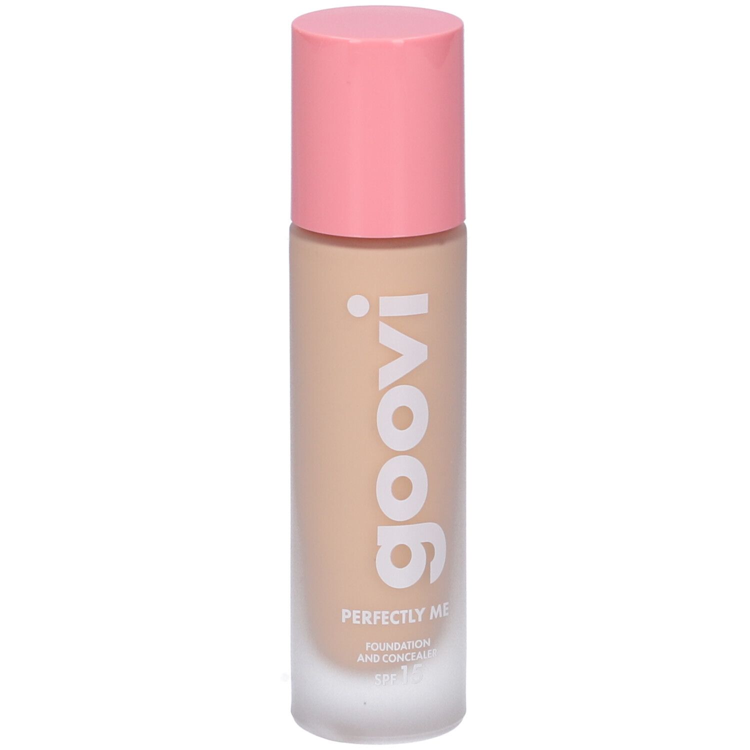 Fondotinta e correttore Goovi, tonalità 05 Vanilla, tappo rosa. Scritta: Goovi, Perfectly Me, SPF 15.