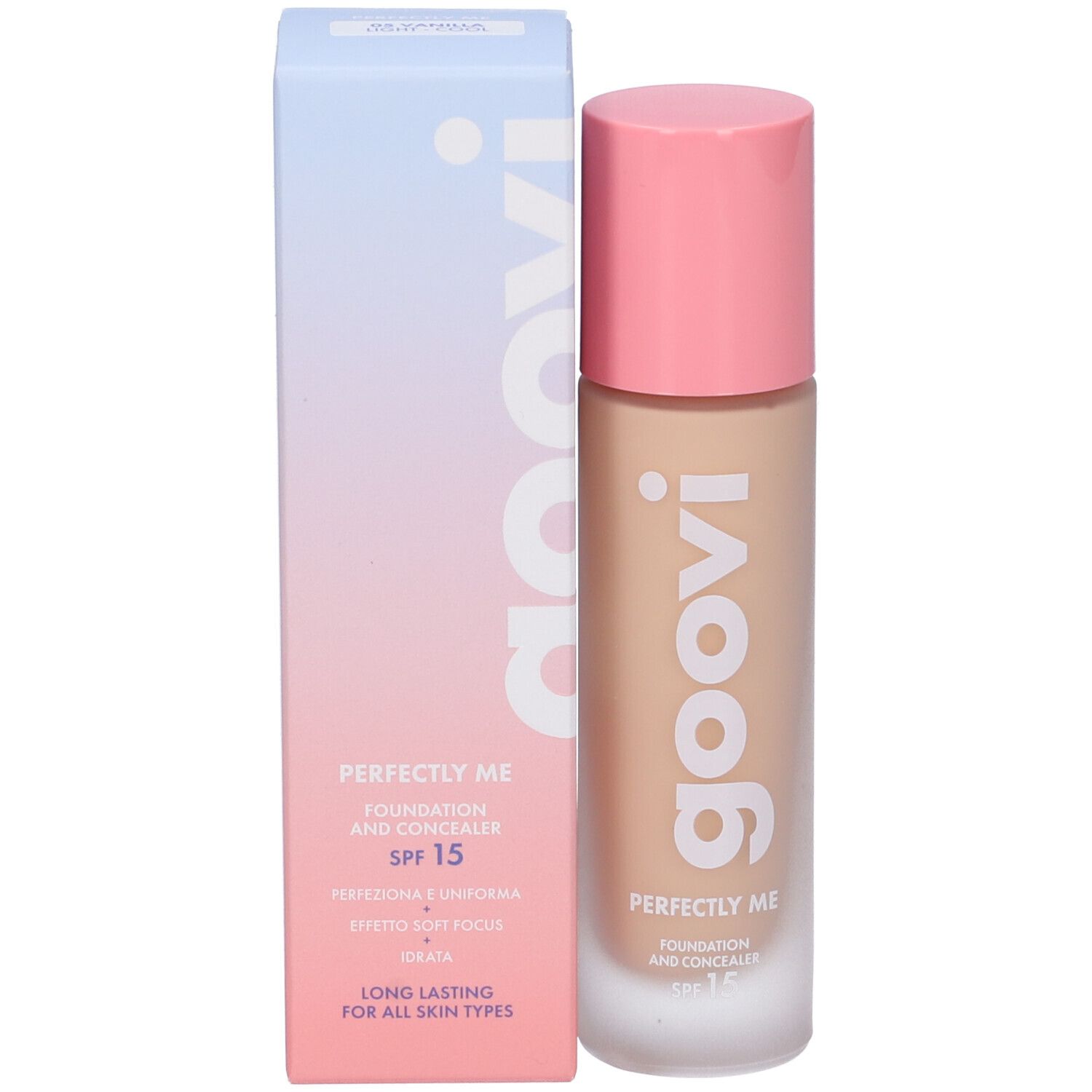 Fondotinta e correttore Goovi, tonalità 05 Vanilla, tappo rosa e confezione. Scritta: Goovi, Perfectly Me, SPF 15.