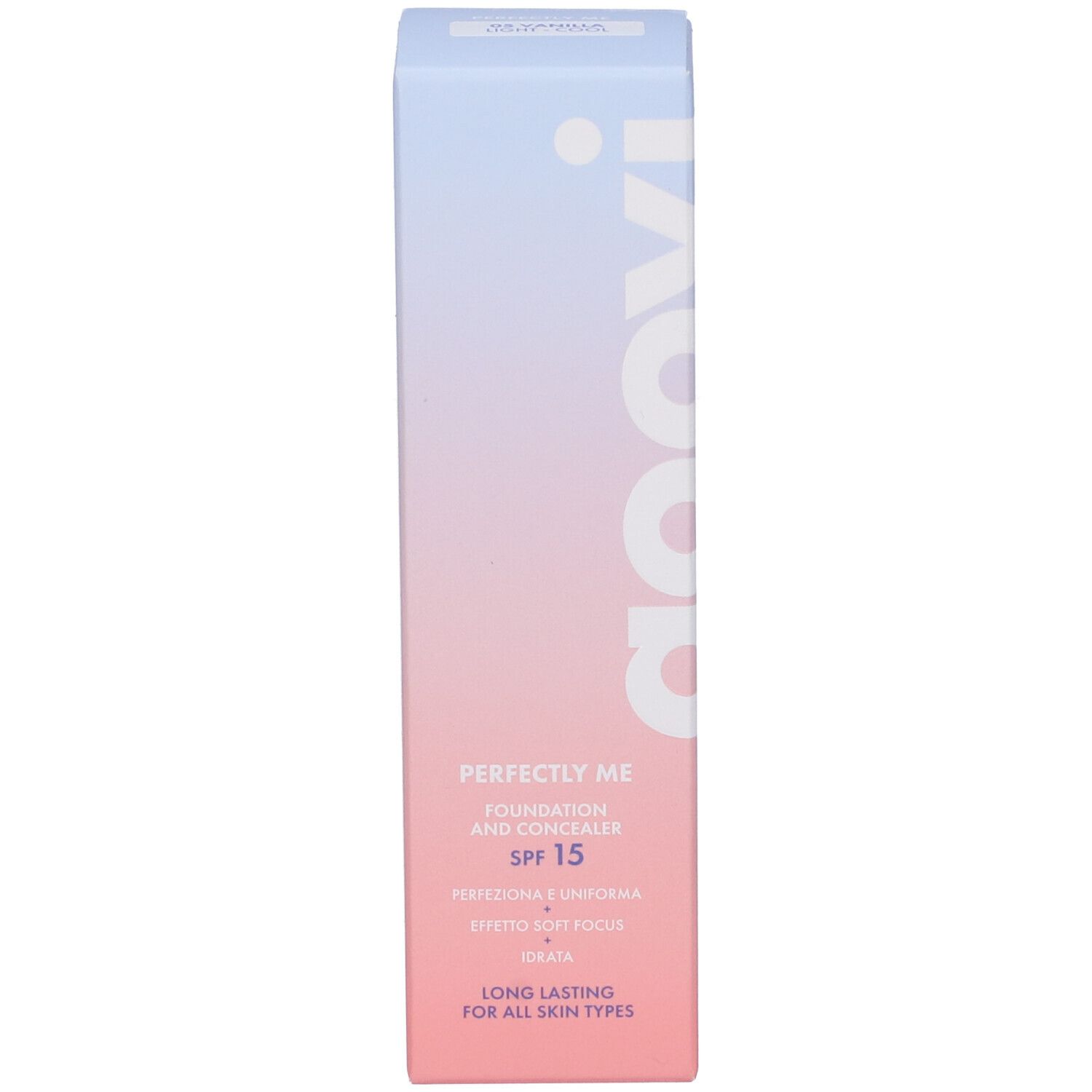 Confezione fondotinta e correttore Goovi. Scritta: Goovi, Perfectly Me, SPF 15.