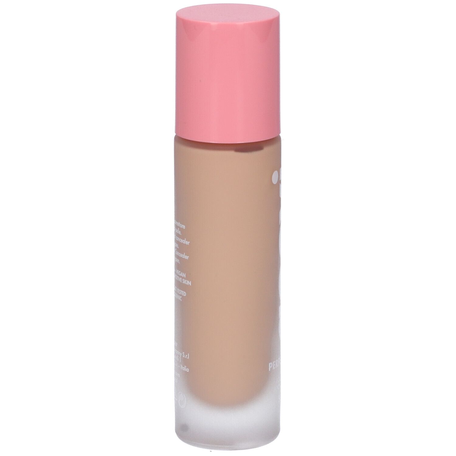 Rückseite einer Foundation- und Concealer-Flasche. Text in mehreren Sprachen. Rosa Deckel.