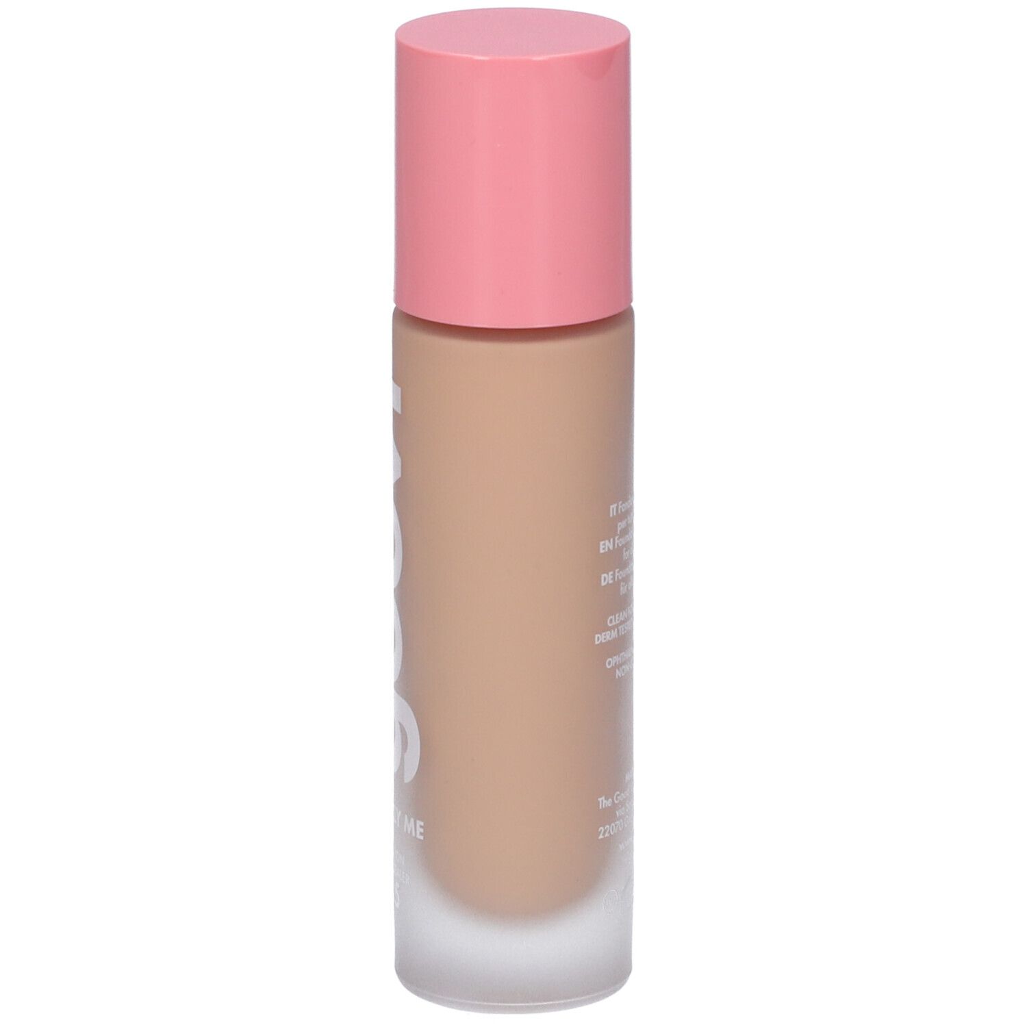 Rückseite einer Foundation- und Concealer-Flasche. Text in mehreren Sprachen. Rosa Deckel.