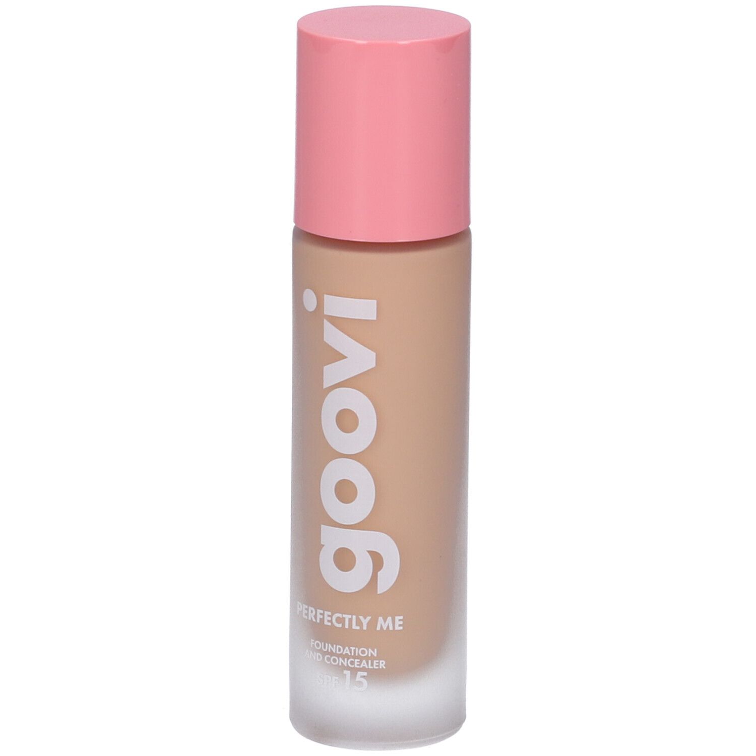 Foundation- und Concealer-Flasche mit rosa Deckel. Goovi-Logo und Produktname sind sichtbar.