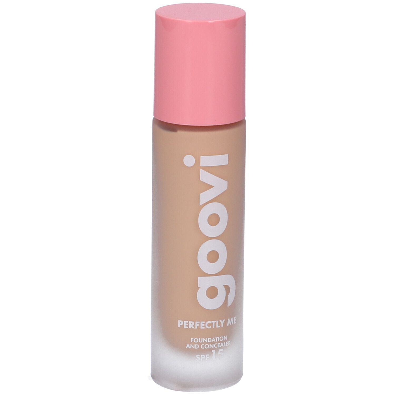 Foundation- und Concealer-Flasche mit rosa Deckel. Goovi-Logo und Produktname sind sichtbar.