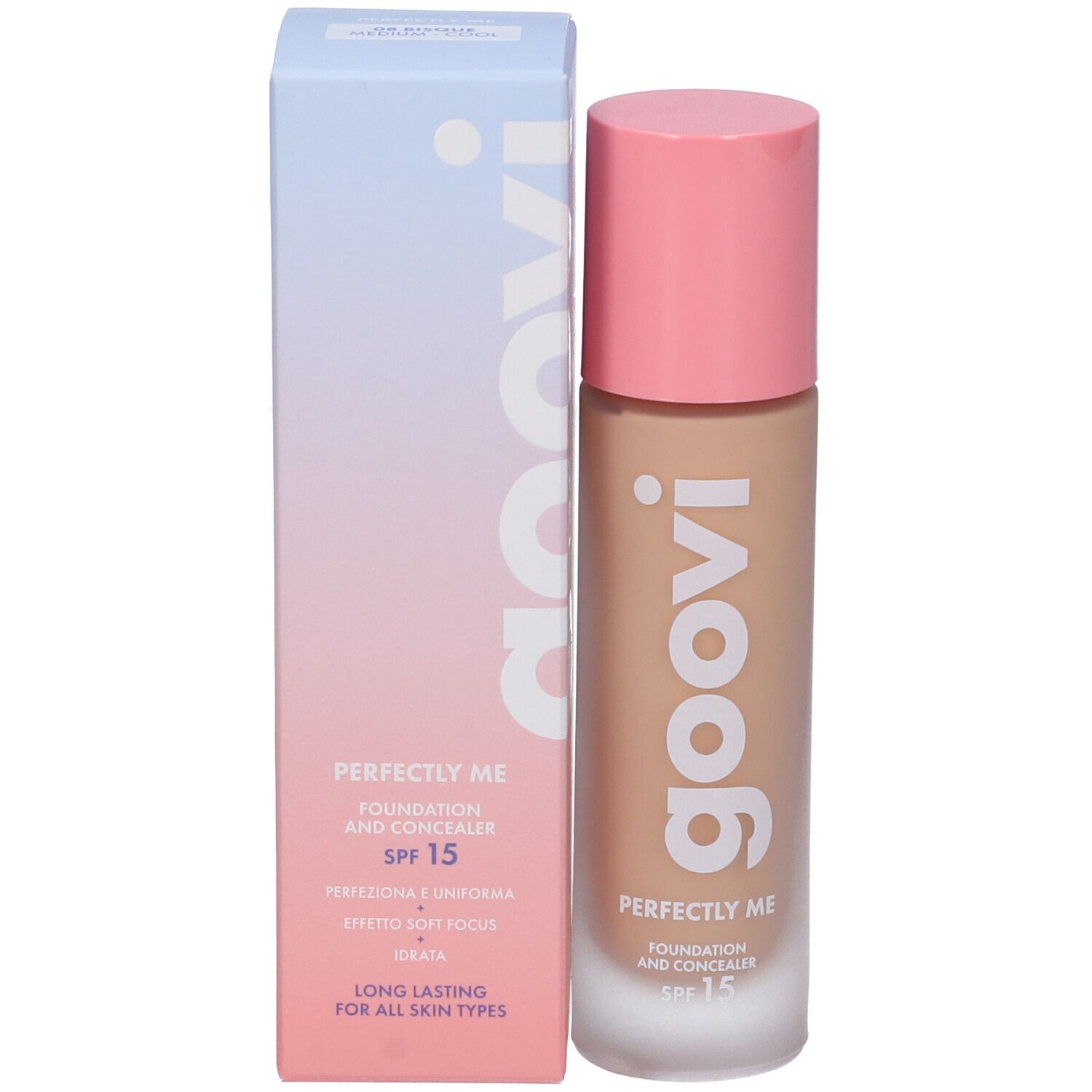 Foundation- und Concealer-Flasche neben einer Verpackung. Rosa Deckel. Goovi-Logo und Produktname.