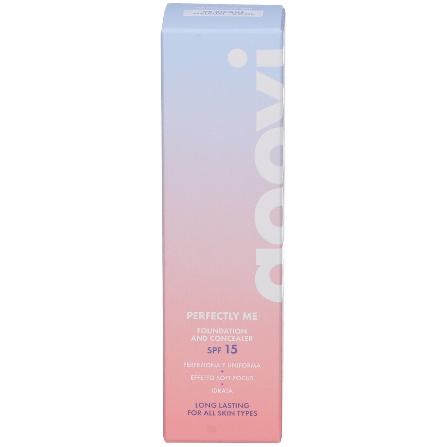 Hohe, rechteckige Verpackung. Goovi-Logo und Produktname sind sichtbar. Rosa und blaue Farbtöne.
