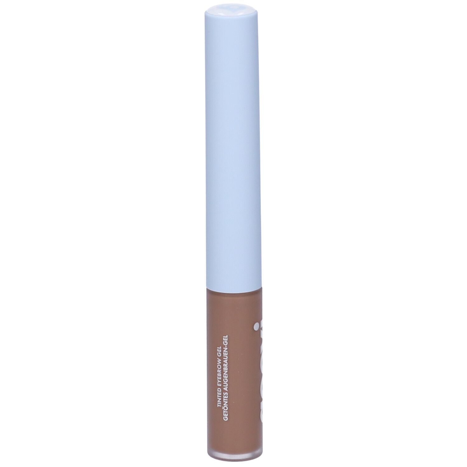 Tubo di gel per sopracciglia con tappo azzurro chiaro e gel marrone. Scritta "goovi" sul tubo.
