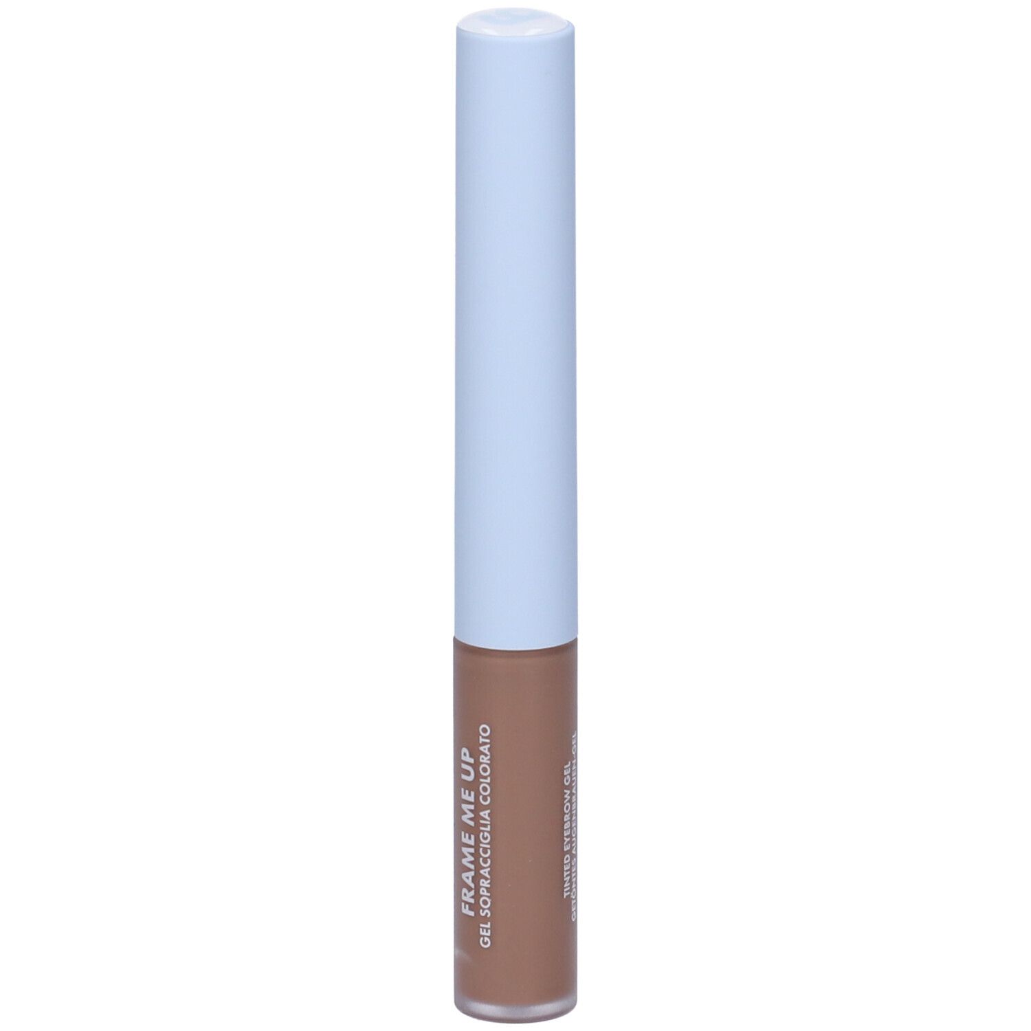 Tubo di gel per sopracciglia con tappo azzurro chiaro e gel marrone. Scritta "goovi" sul tubo.