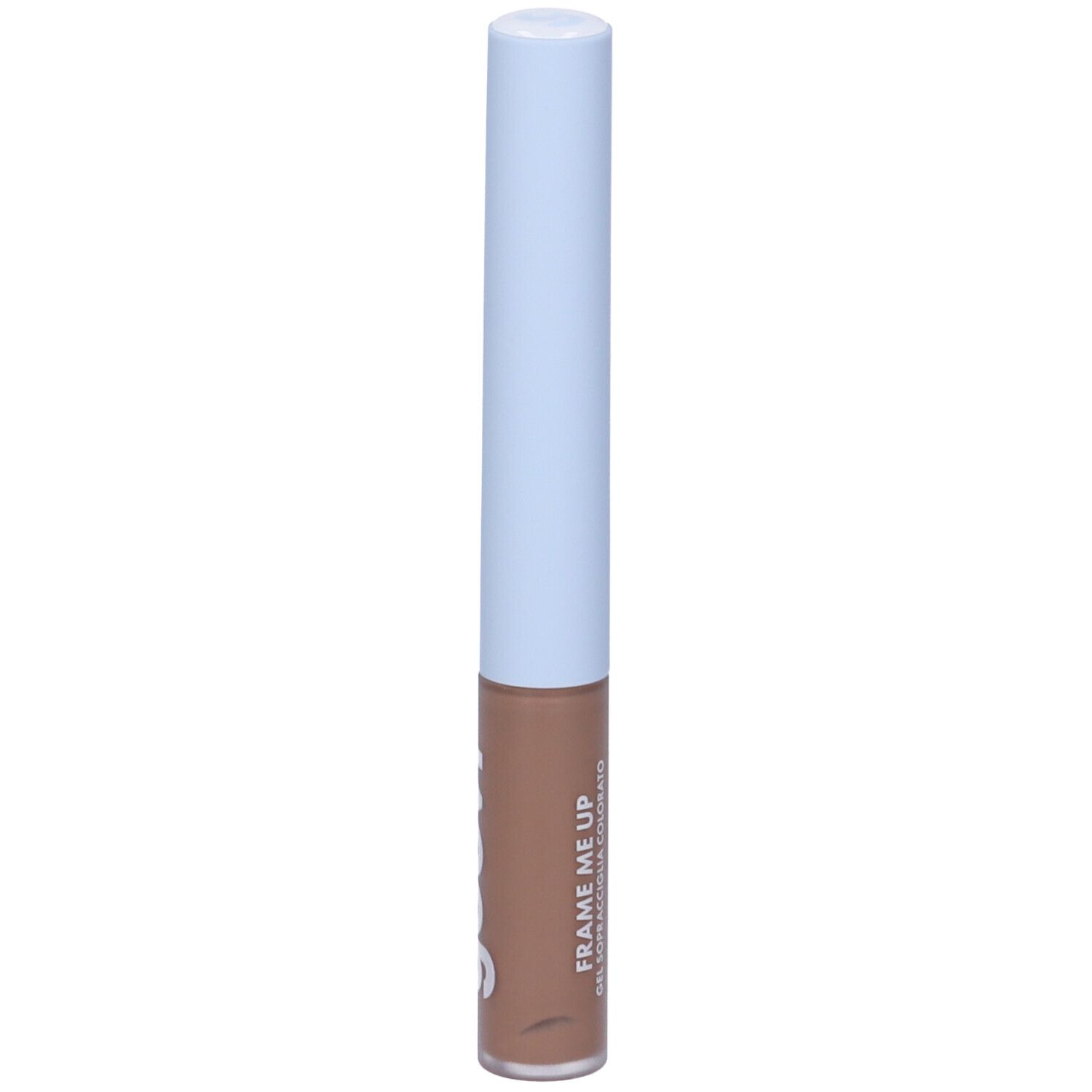 Tubo di gel per sopracciglia con tappo azzurro chiaro e gel marrone. Scritta "goovi" sul tubo.