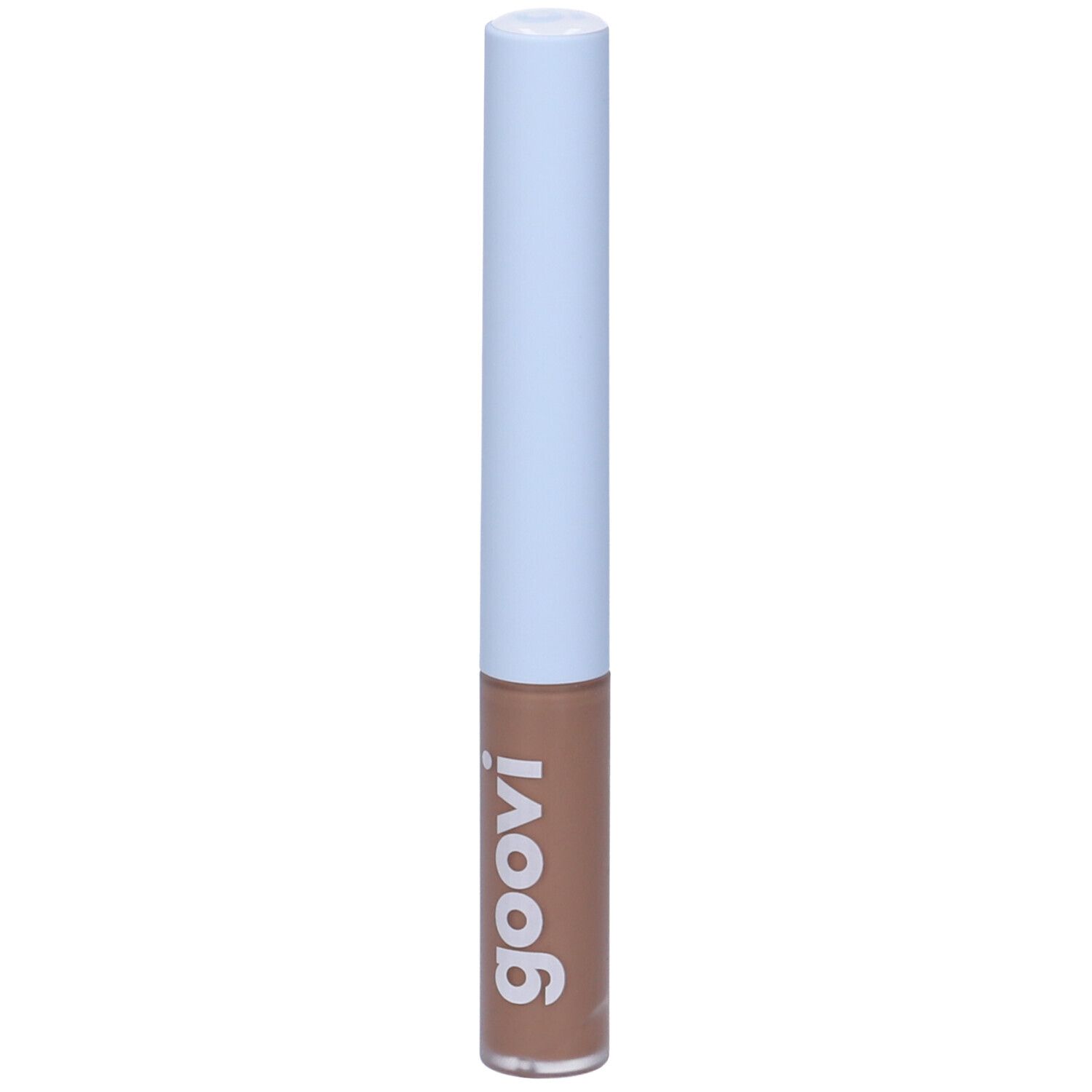 Tubo di gel per sopracciglia con tappo azzurro chiaro e gel marrone. Scritta "goovi" sul tubo.