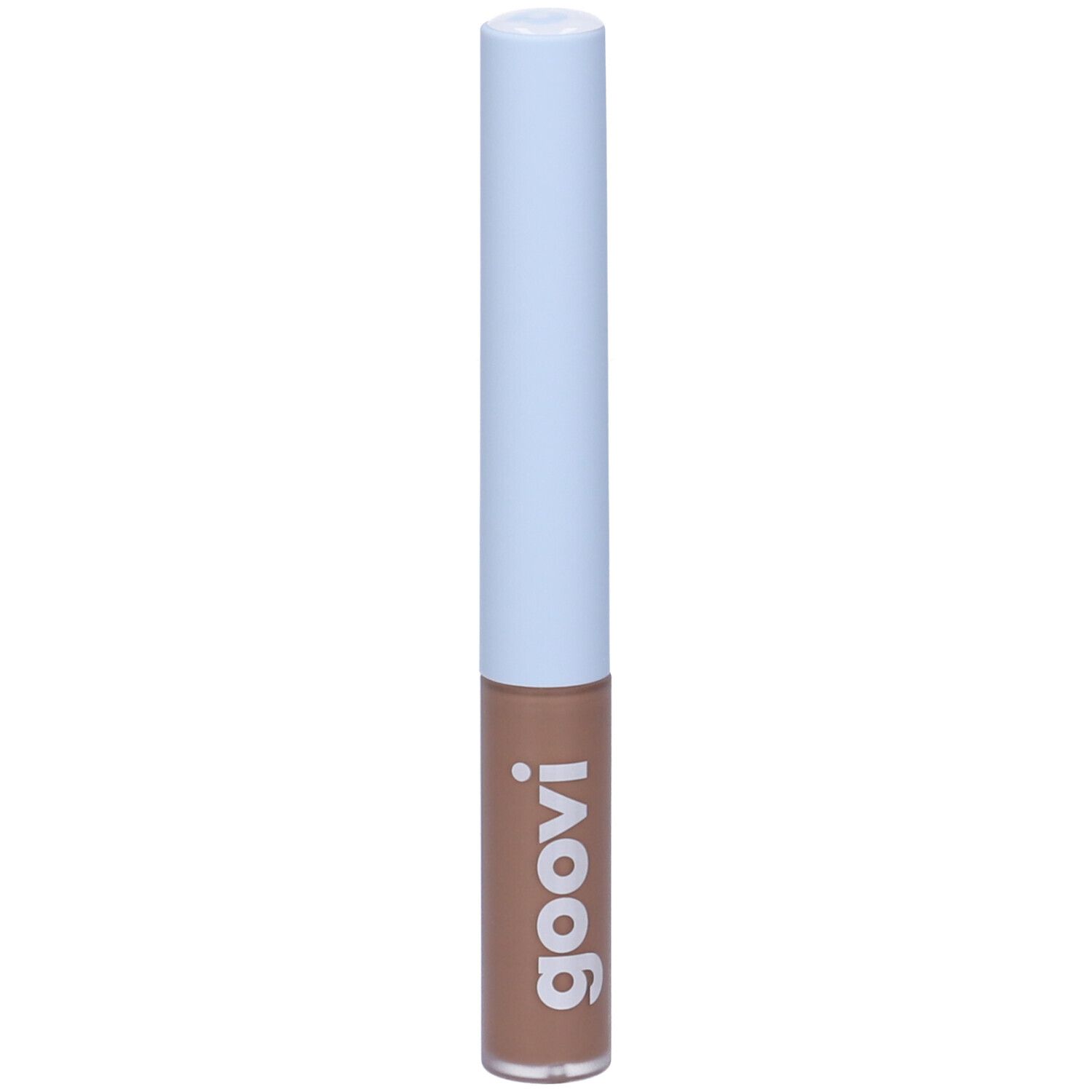 Tubo di gel per sopracciglia con tappo azzurro chiaro e gel marrone. Scritta "goovi" sul tubo.