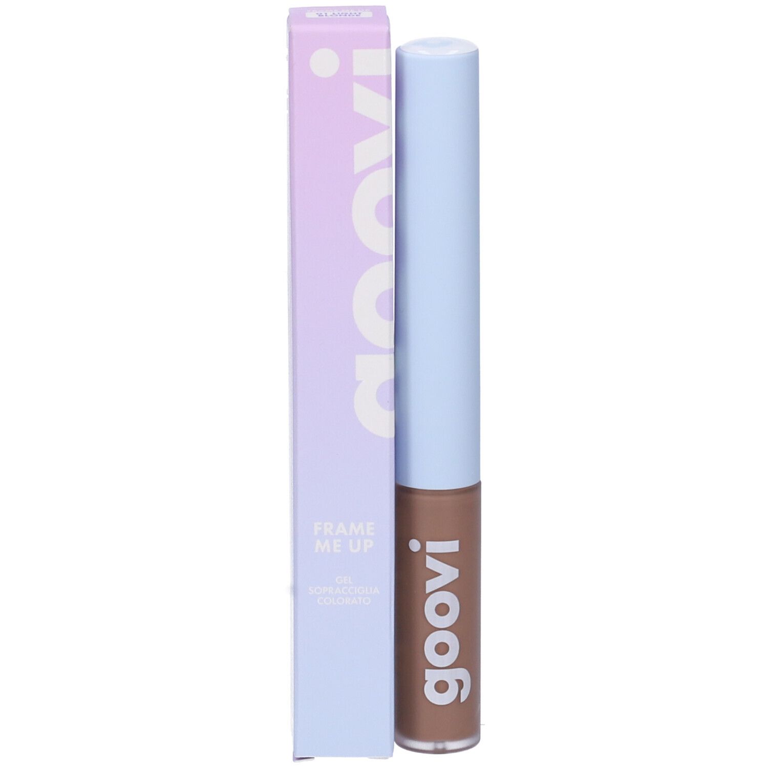 Tubo di gel per sopracciglia con tappo azzurro chiaro e gel marrone, accanto a confezione. Scritta "goovi".