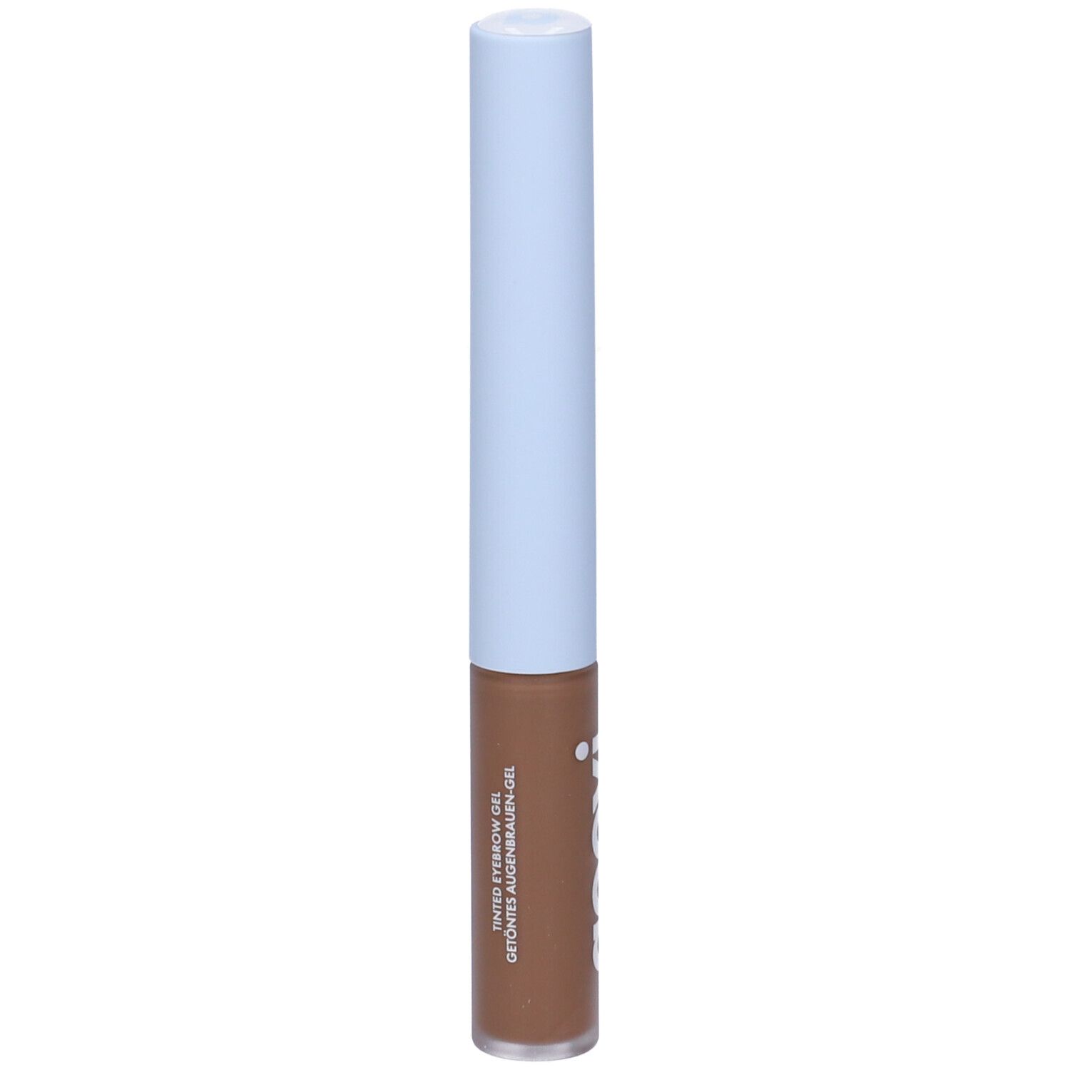 Tubo di gel per sopracciglia con tappo azzurro chiaro e gel marrone. Stampato: "Tinted Eyebrow Gel".