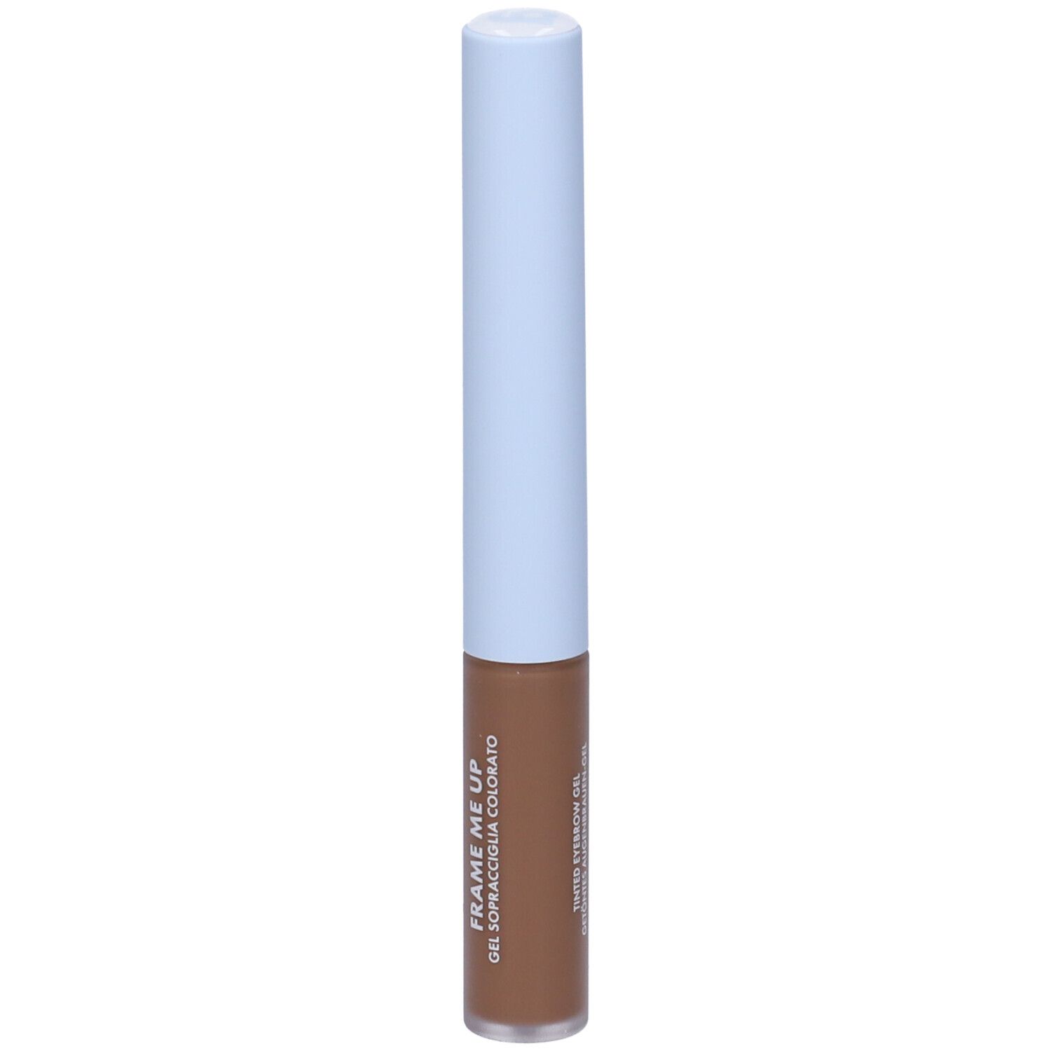 Tubo di gel per sopracciglia con tappo azzurro chiaro e gel marrone. Stampato: "FRAME ME UP GEL SOPRACCIGLIA COLORATO".