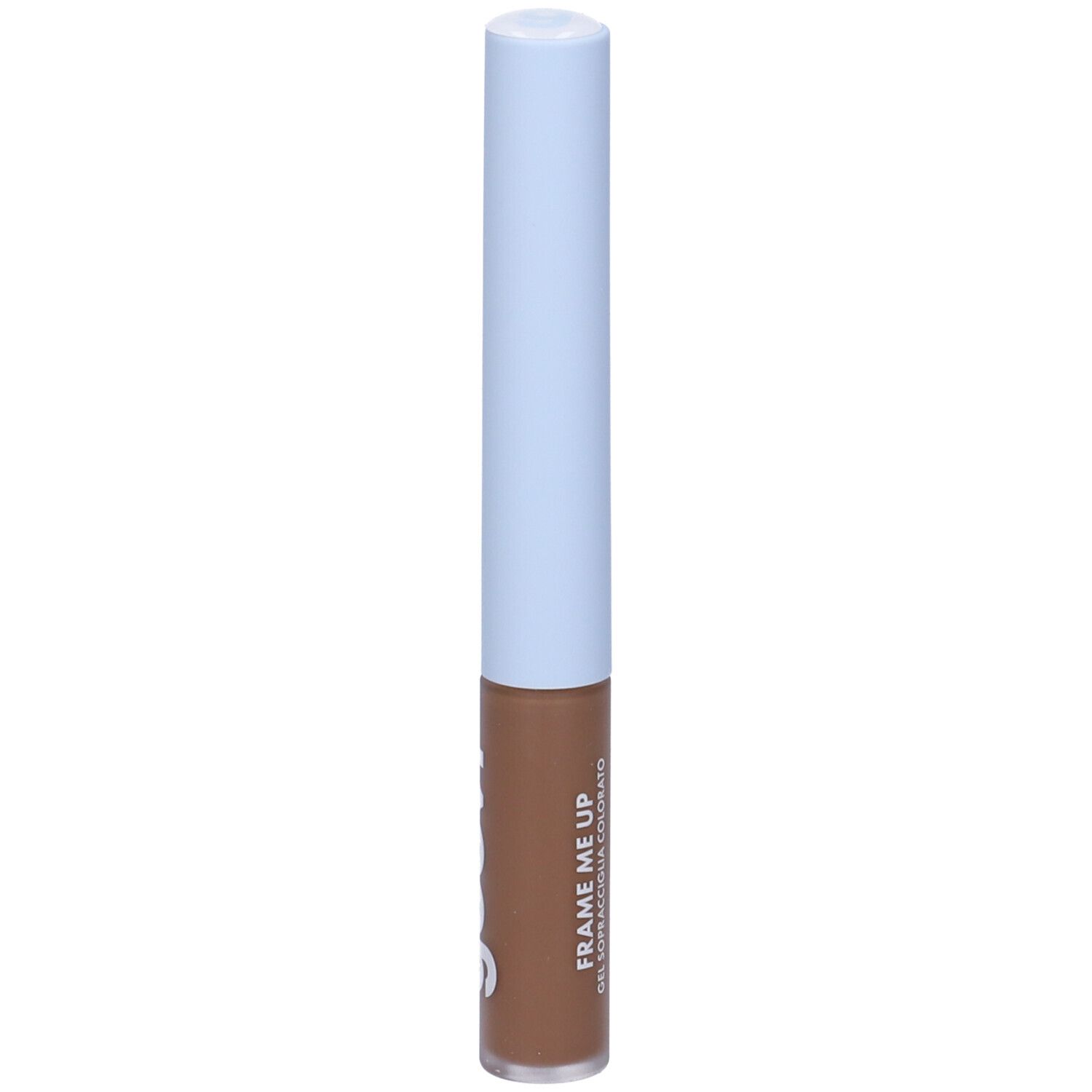 Tubo di gel per sopracciglia con tappo azzurro chiaro e gel marrone. Stampato: "FRAME ME UP".