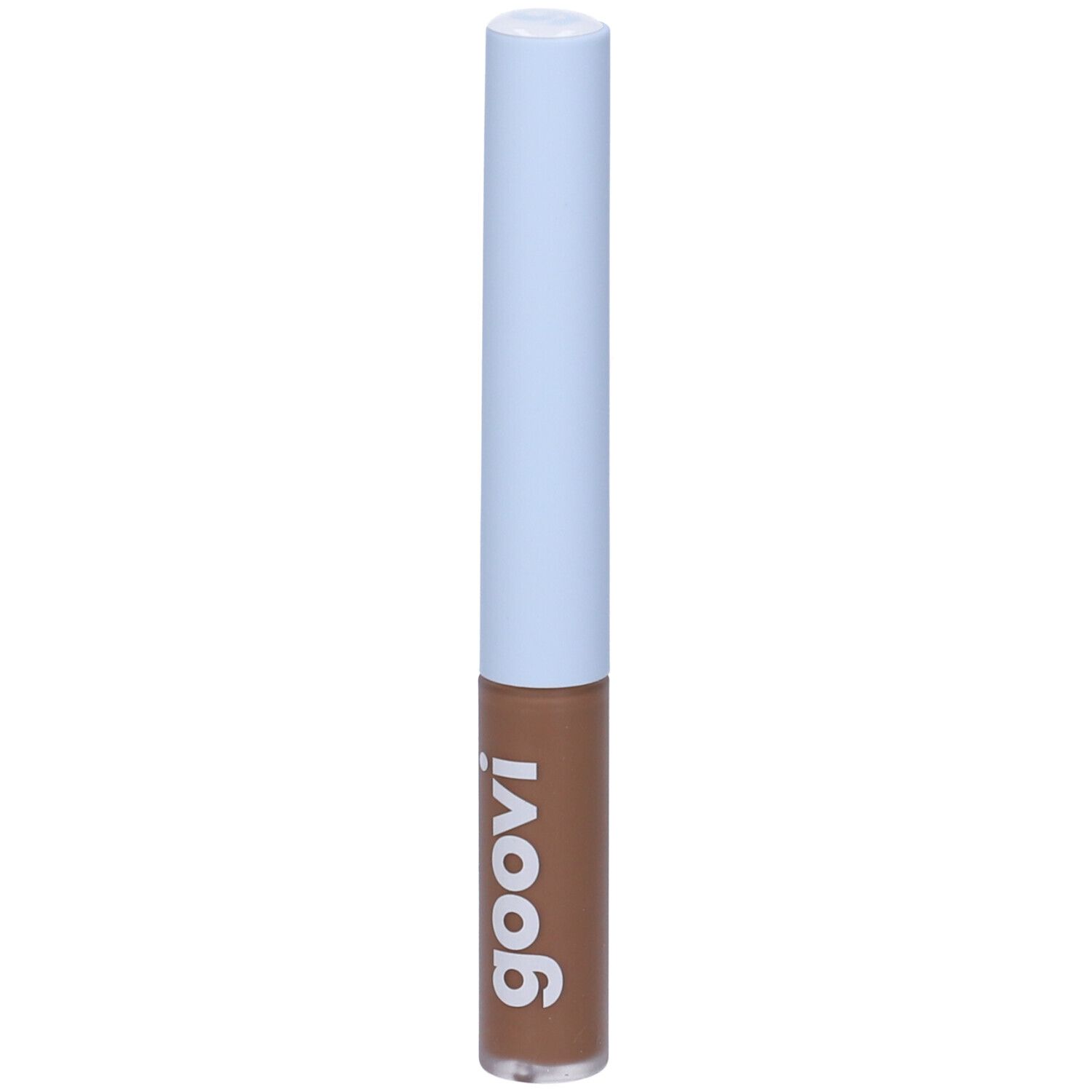 Tubo di gel per sopracciglia con tappo azzurro chiaro e gel marrone. Il marchio "goovi" è stampato.