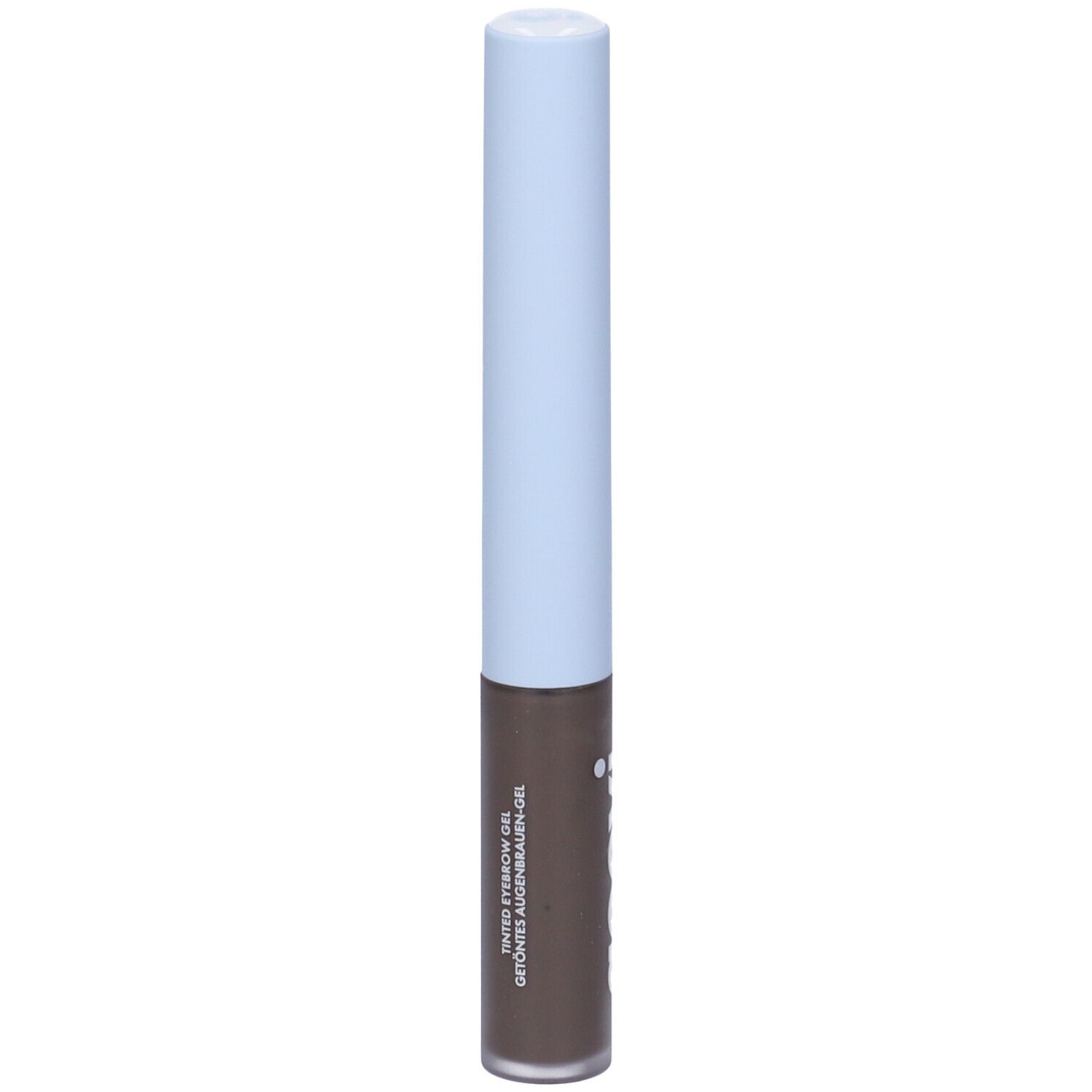 Tubo di gel per sopracciglia con tappo azzurro chiaro. Sul tubo è scritto "goovi" in bianco.