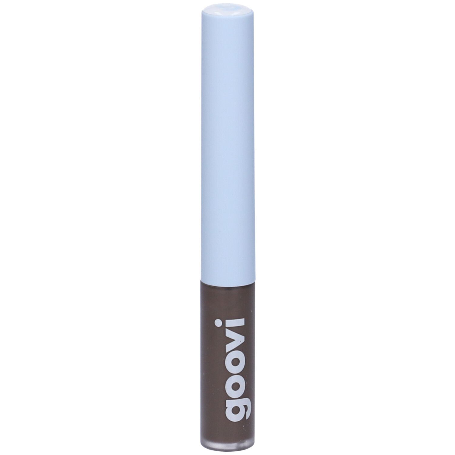 Tubo di gel per sopracciglia con tappo azzurro chiaro. Sul tubo è scritto "goovi" in bianco.