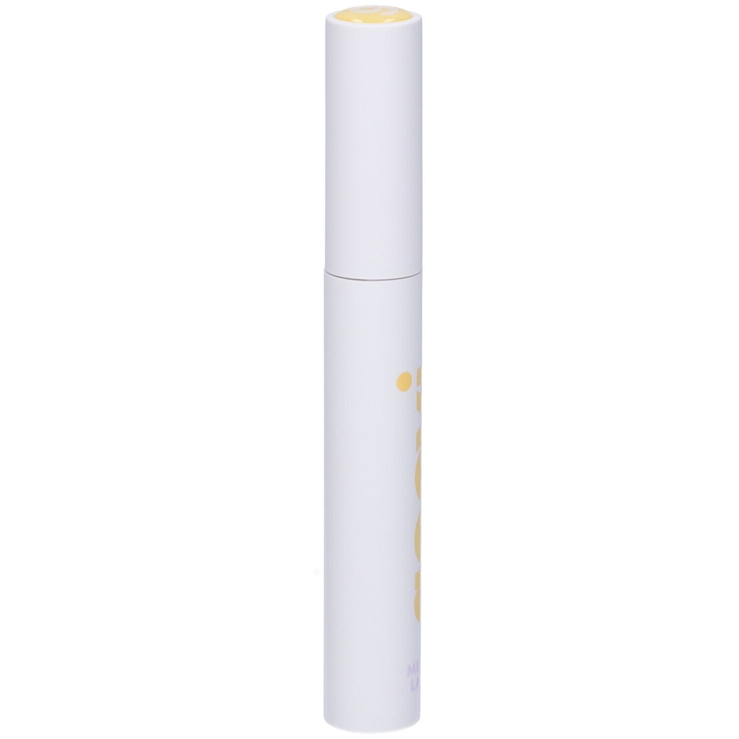 Tubo di mascara bianco con stampa gialla. Tappo giallo. Prodotto in piedi.