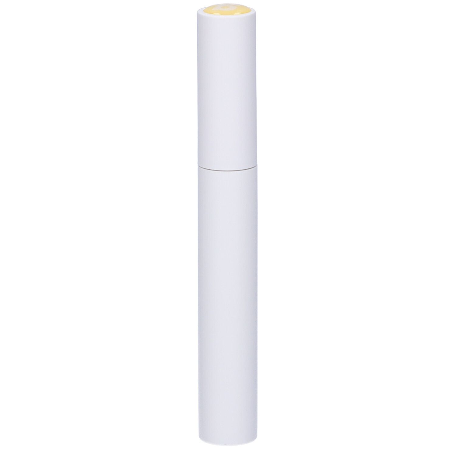 Tubo di mascara bianco con tappo giallo. Prodotto in piedi.